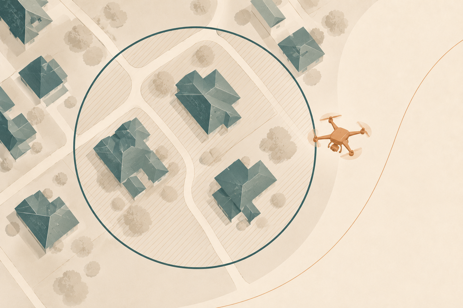 Stylized illustration of the DC Flight Restricted Zone limiting drone real estate photography inside a 15-mile ring.