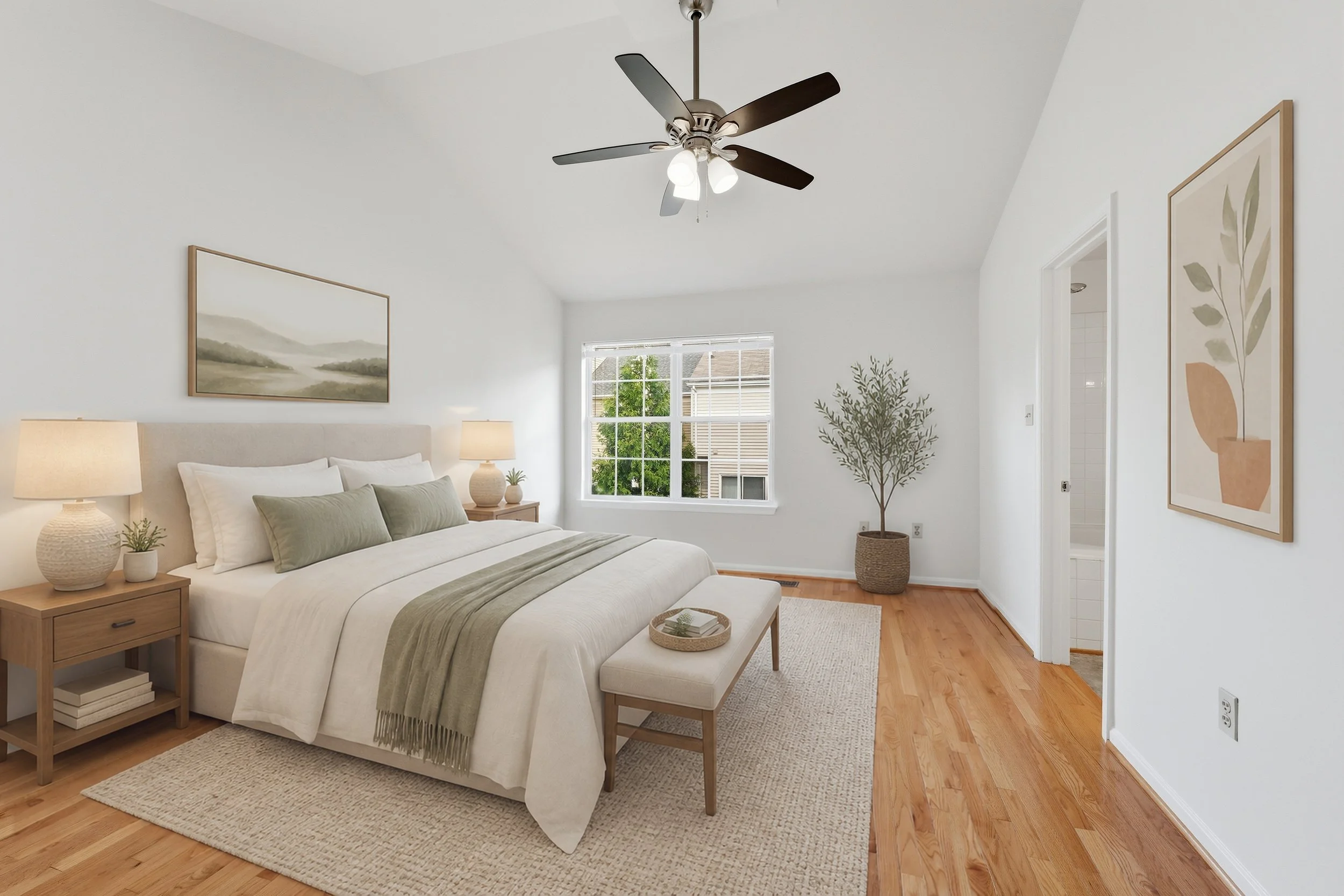 Virtually staged primary bedroom with vaulted ceiling in a home listing photo.