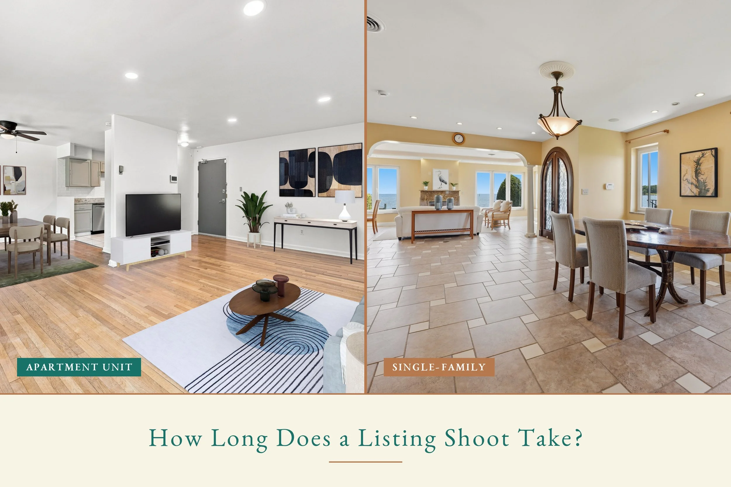 Split image comparing an apartment unit living space with the interior of a large single-family home