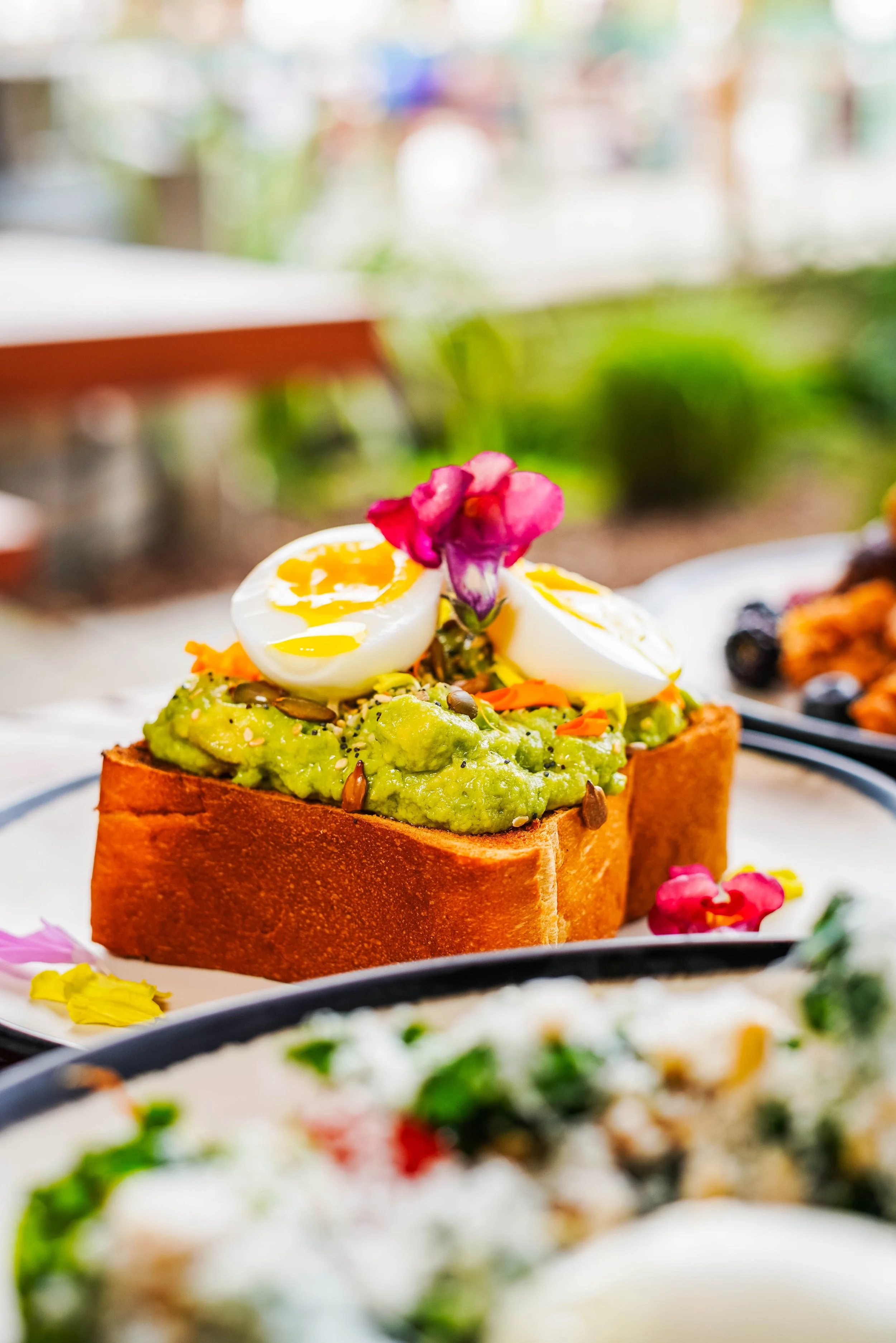 Close-up of avocado toast topped with sliced boiled egg, pink flower petal, and seeds, on a plate with blurred foods in background.