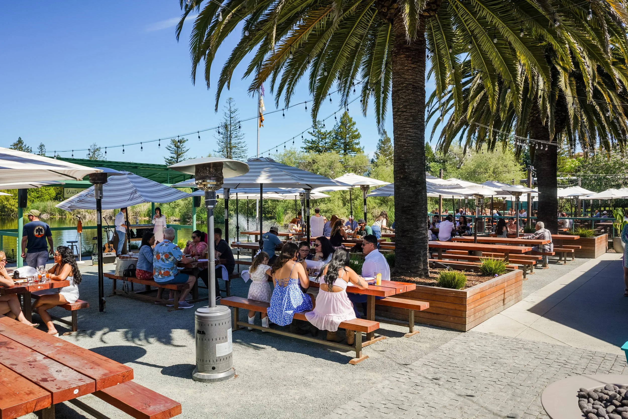 People dining and socializing outdoors with tables, umbrellas, and palm trees, under a clear blue sky.