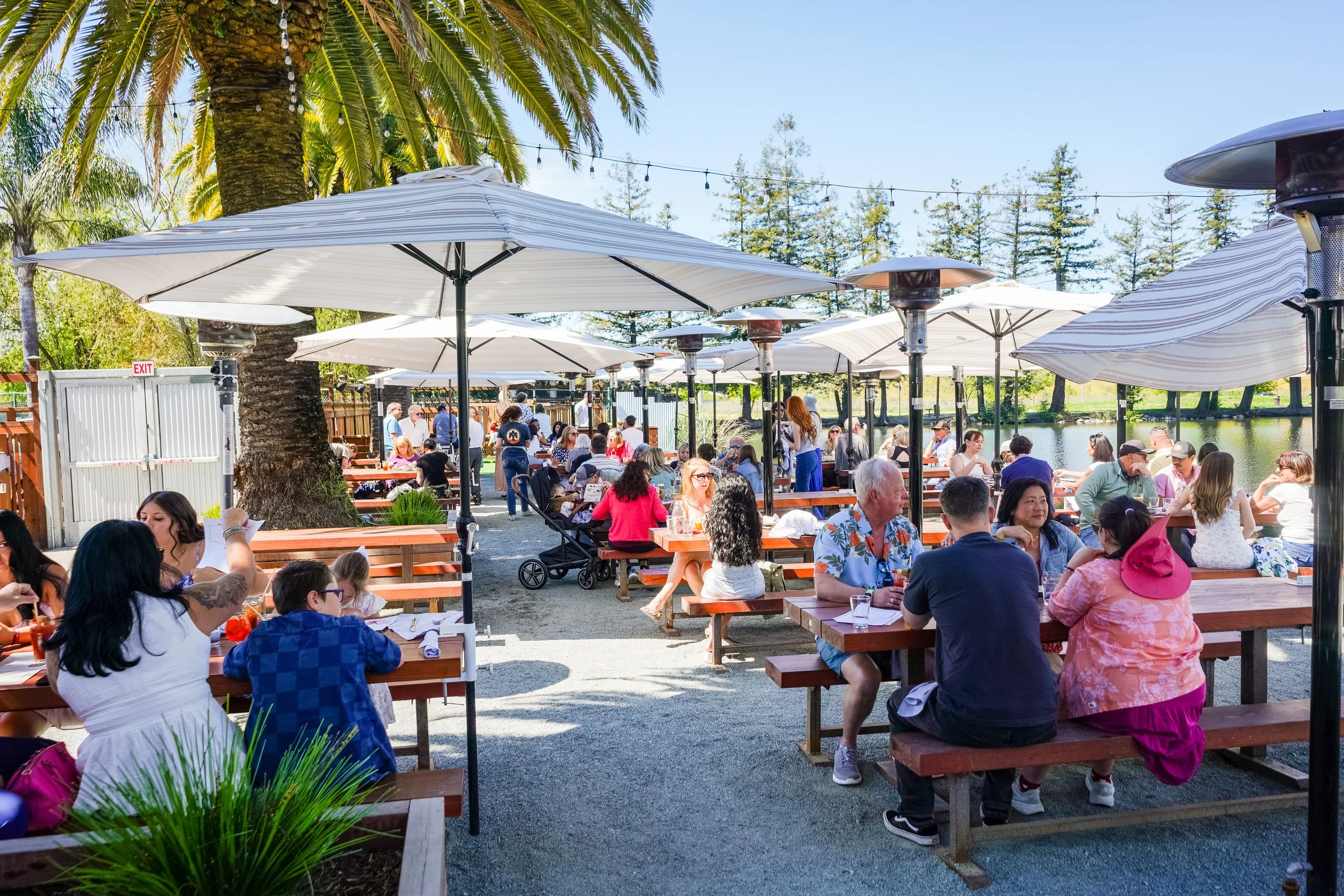 Outdoor restaurant with many people dining at picnic tables under large umbrellas, near a water body, with trees and string lights overhead on a sunny day.