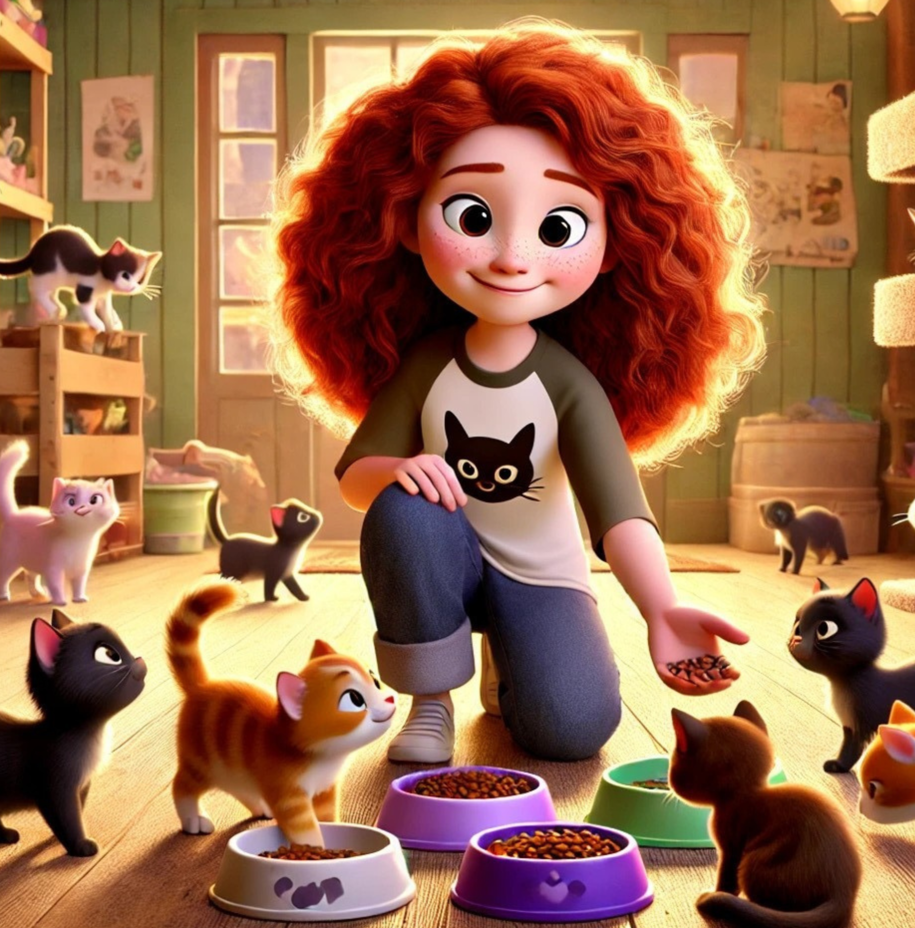 A young girl with curly red hair and freckles, wearing a black and white shirt with a black cat graphic, surrounded by multiple kittens in a cozy room with wooden floors and green walls. The girl is holding a handful of dry cat food, with three food bowls in front of her, and several kittens are gathered nearby, some eating and some looking at her. The room has shelves with more kittens, posters, and sunlight coming through a window.