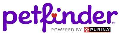 Petfinder logo with purple text and a small red heart, powered by Purina