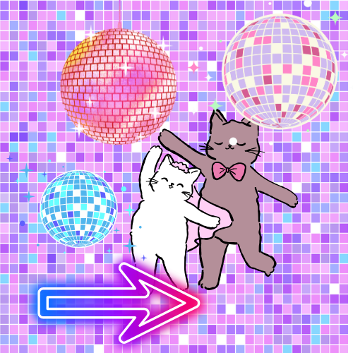 Two dancing cats, one white and one gray with a pink bowtie, are dancing together in front of a colorful disco-themed background with three disco balls and a pink and purple mosaic pattern.