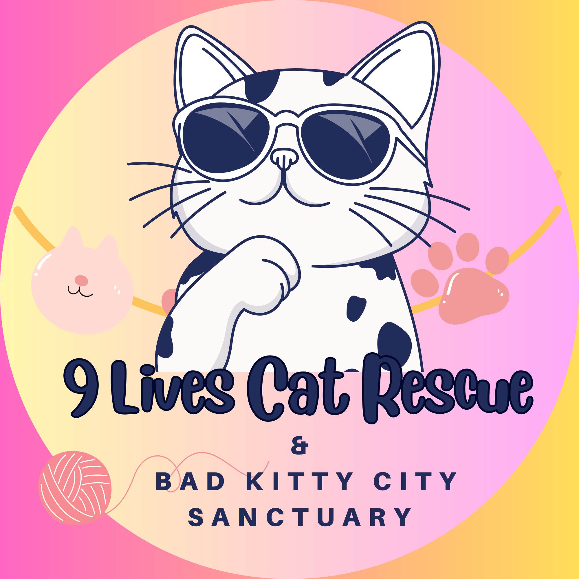 Cartoon illustration of a cat wearing sunglasses, with a pink and yellow pastel background and text that reads '9 Lives Cat Rescue & Bad Kitty City Sanctuary'.