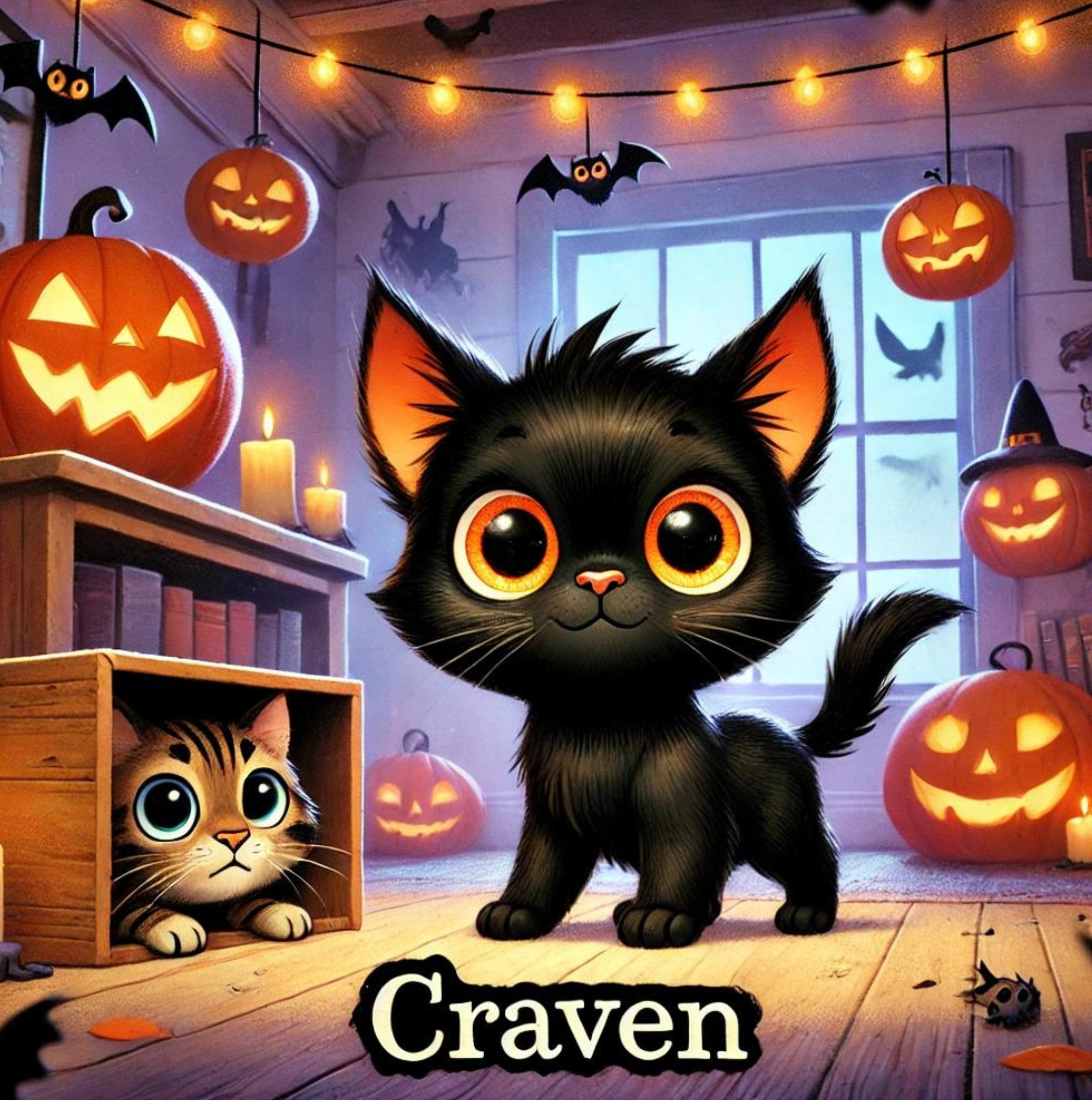 Animated black kitten with large amber eyes standing on a wooden floor in a room decorated for Halloween. The room features lit pumpkins with carved faces, hanging bats, candles, and a window with silhouettes of flying bats and a cat.