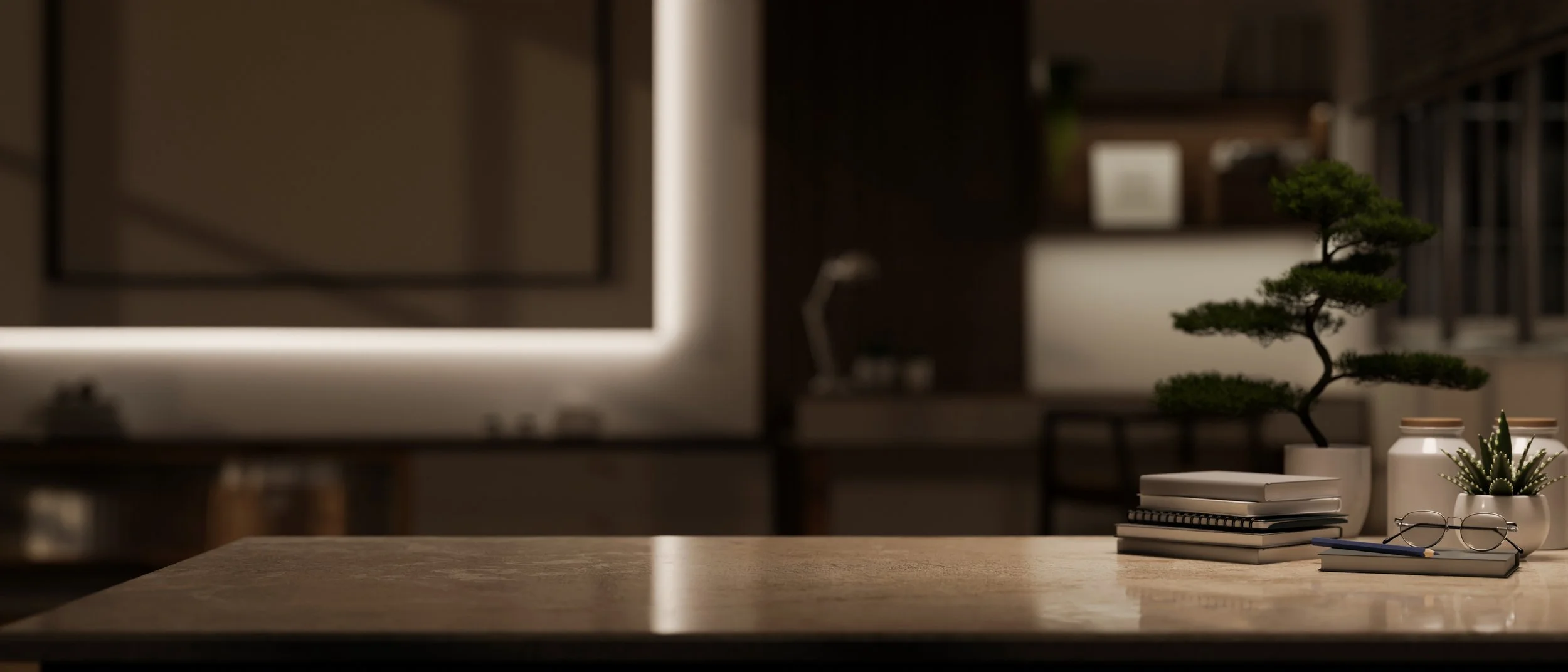 A tidy desk with a stack of notebooks, a pair of glasses, and potted plants in a cozy, modern office or home workspace.