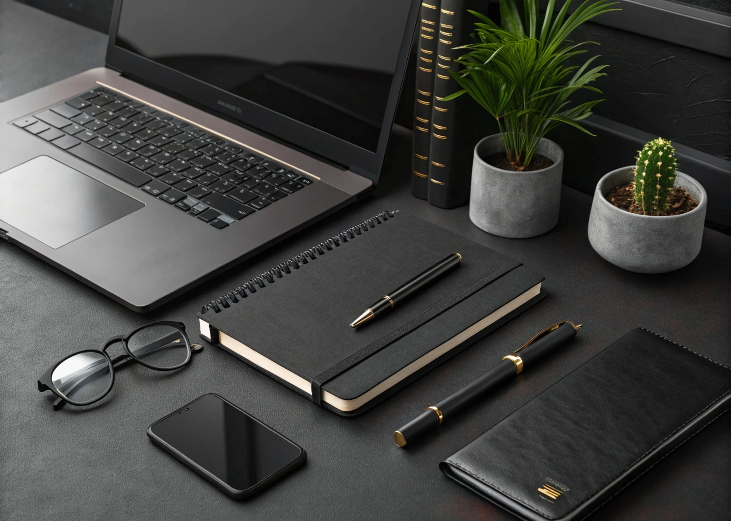 A workspace with a laptop, a black notebook with a pen, glasses, a smartphone, a black leather folder, two potted plants in concrete containers, and two black and gold pens on a black desk.