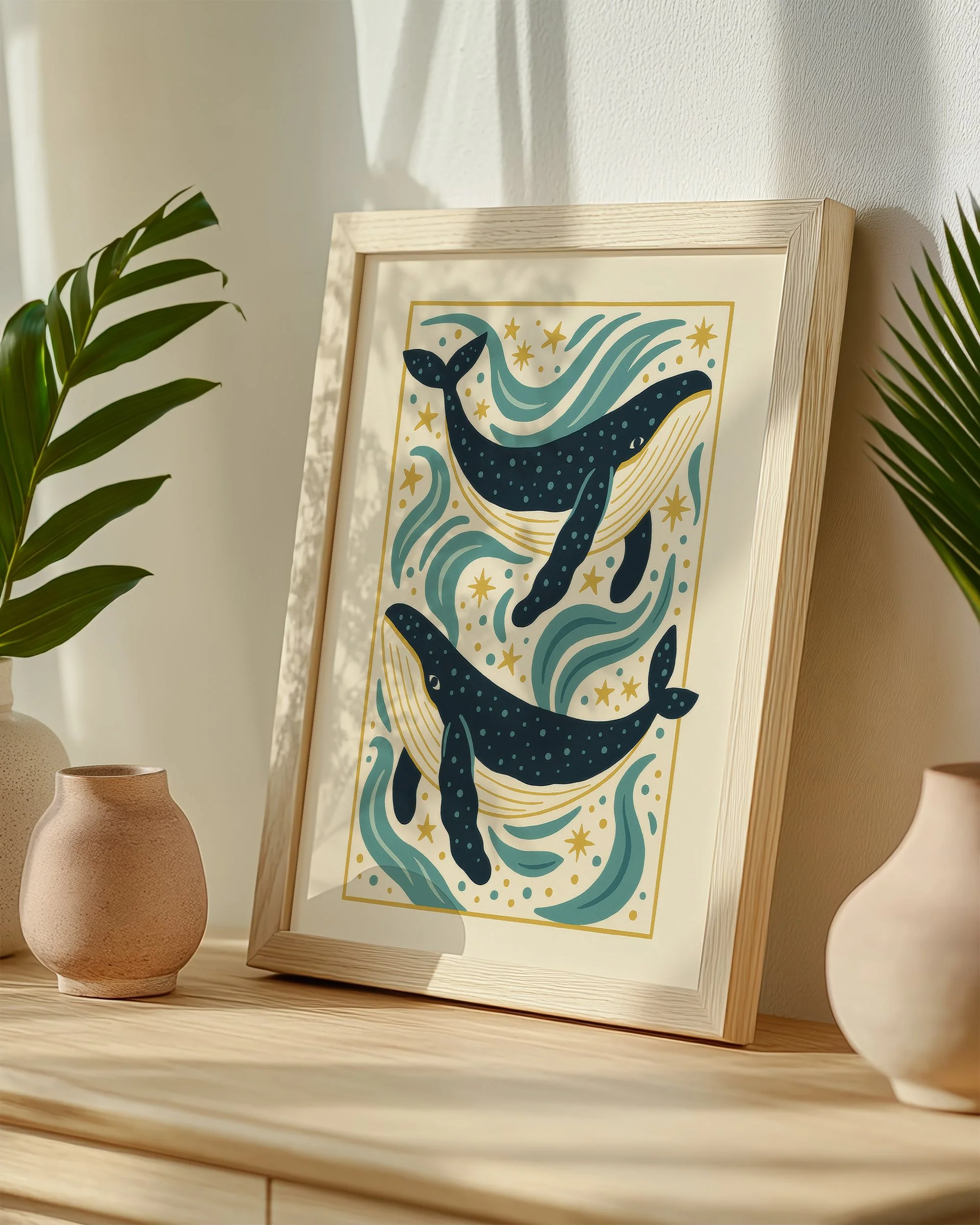 23 - Pair of Whales  - Mockup B - Framed - Pottery Scene.jpg
