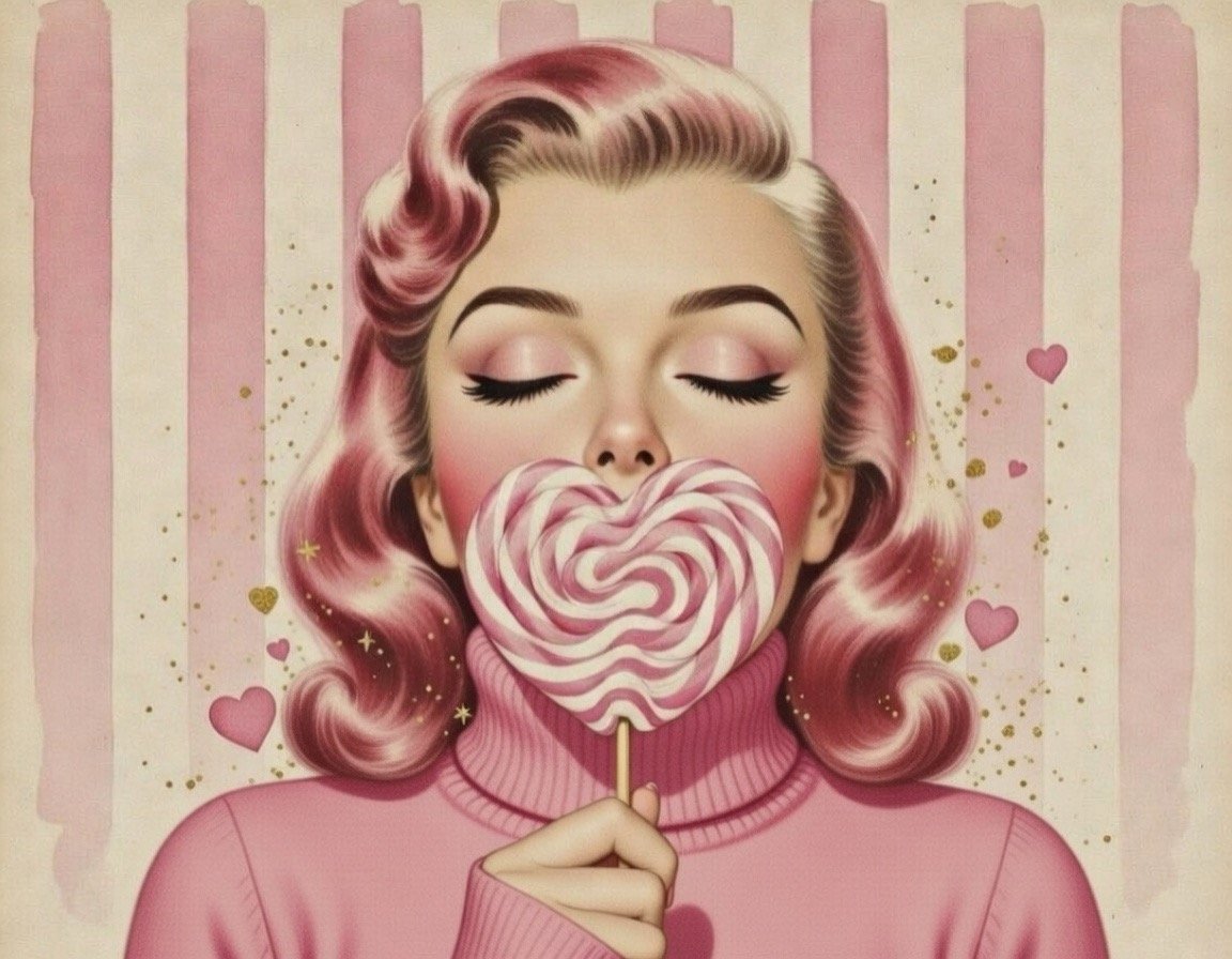 A woman with pink hair and closed eyes holds a heart-shaped swirled pink and white lollipop in front of her face. She wears a pink turtleneck sweater, and the background features pink and white vertical stripes with small hearts and gold accents.