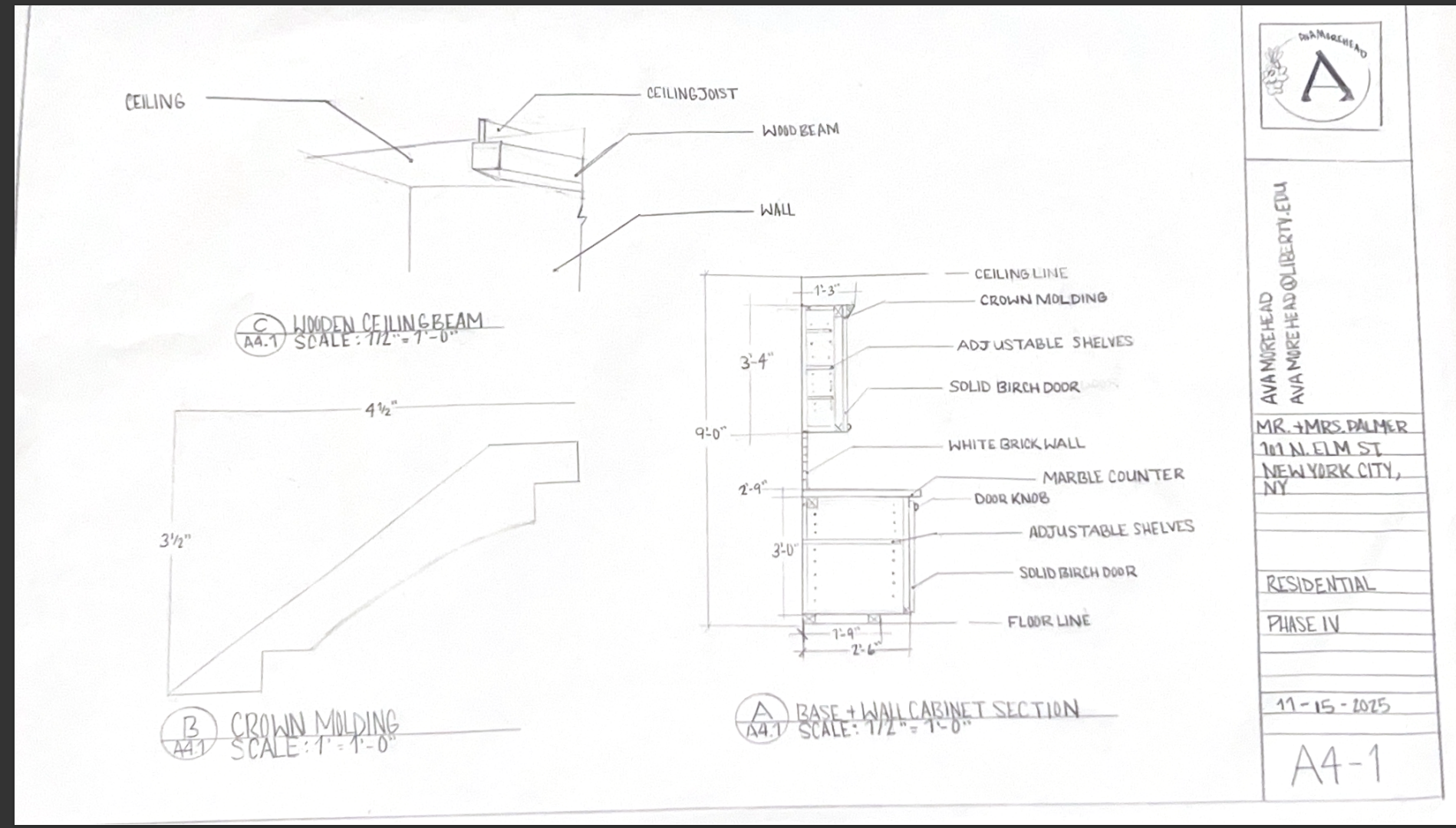 Palmer Residence Wood Beam, Cabinet Interior, and Crown Molding, Drawn with architectural tools
