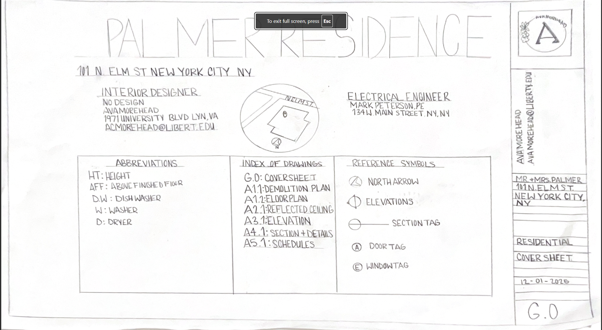 Palmer Residence Cover Sheet. Drawn using Architectural tools