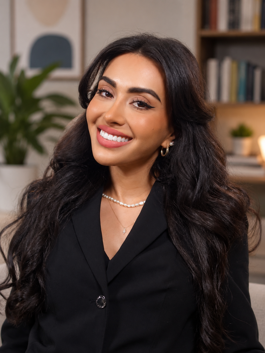 Dr. Tina Halabian, PsyD, licensed clinical psychologist, smiling in a black blazer in her office