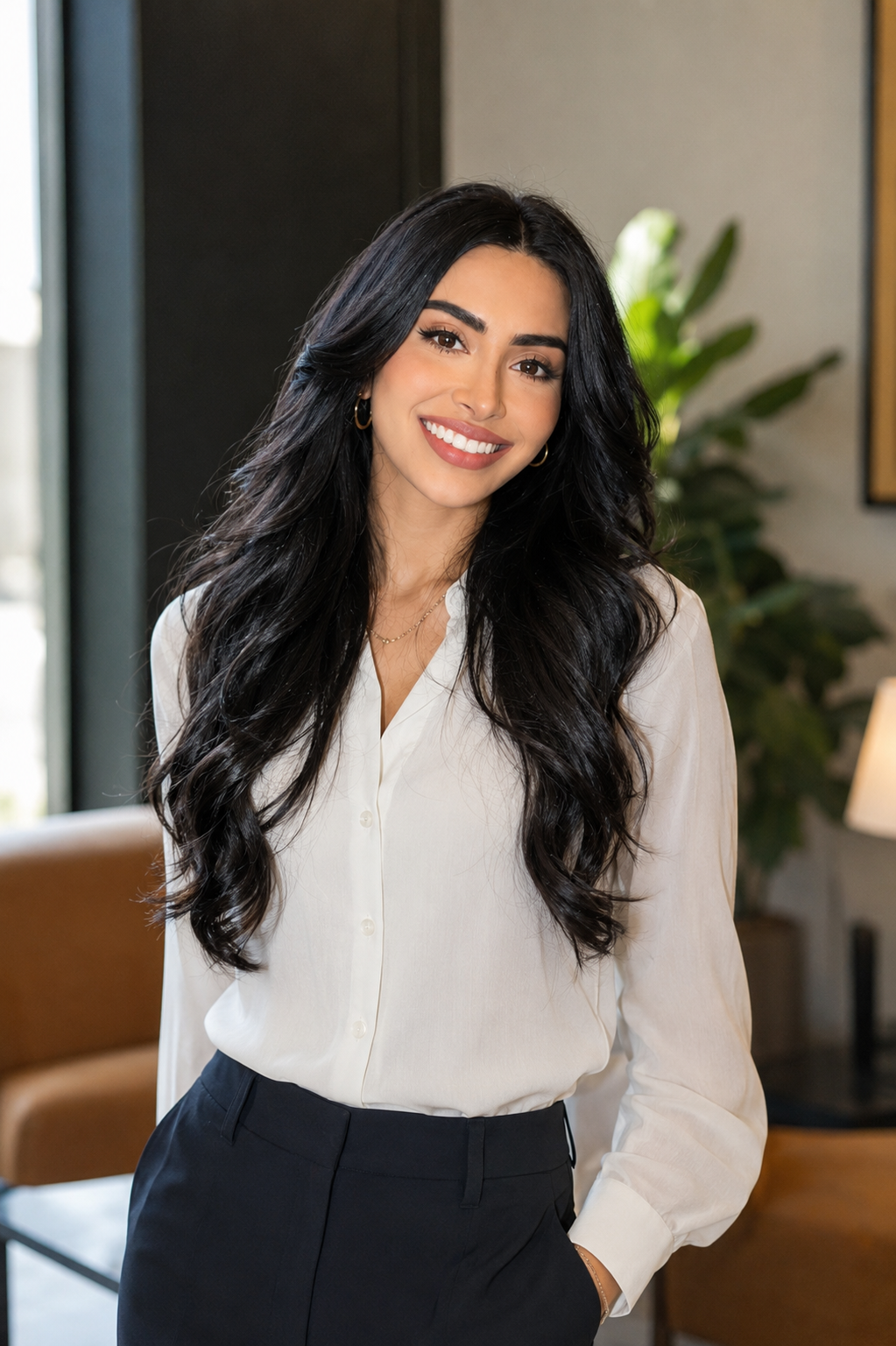 Dr. Tina Halabian, PsyD, smiling in a white blouse in her office