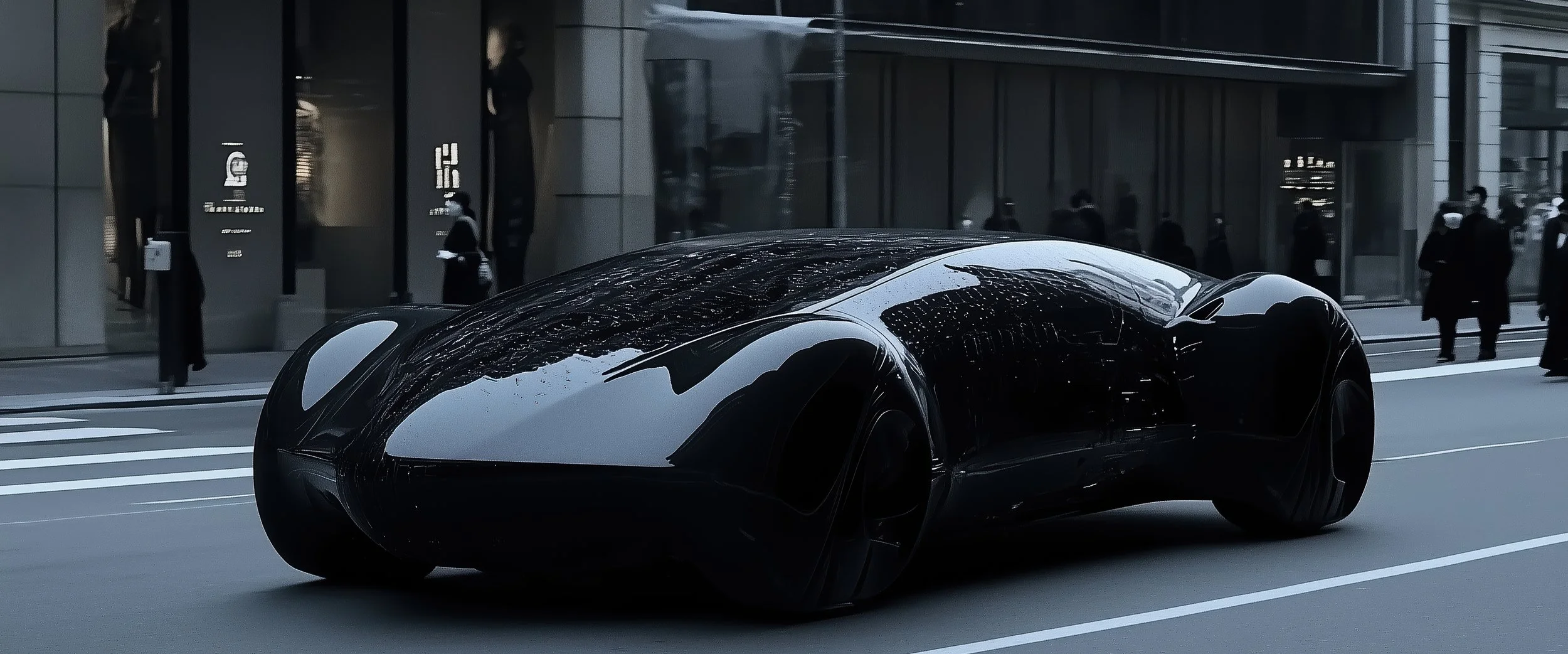 Futuristic black concept car on city street with glass buildings and pedestrians.
