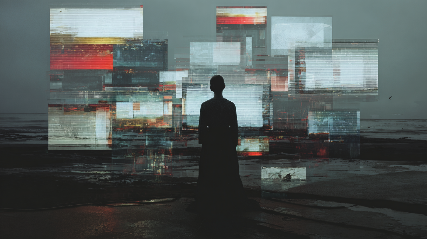 A person stands on a beach in front of a large digital screen with abstract, glitchy images and a cityscape, blending natural and digital environments.
