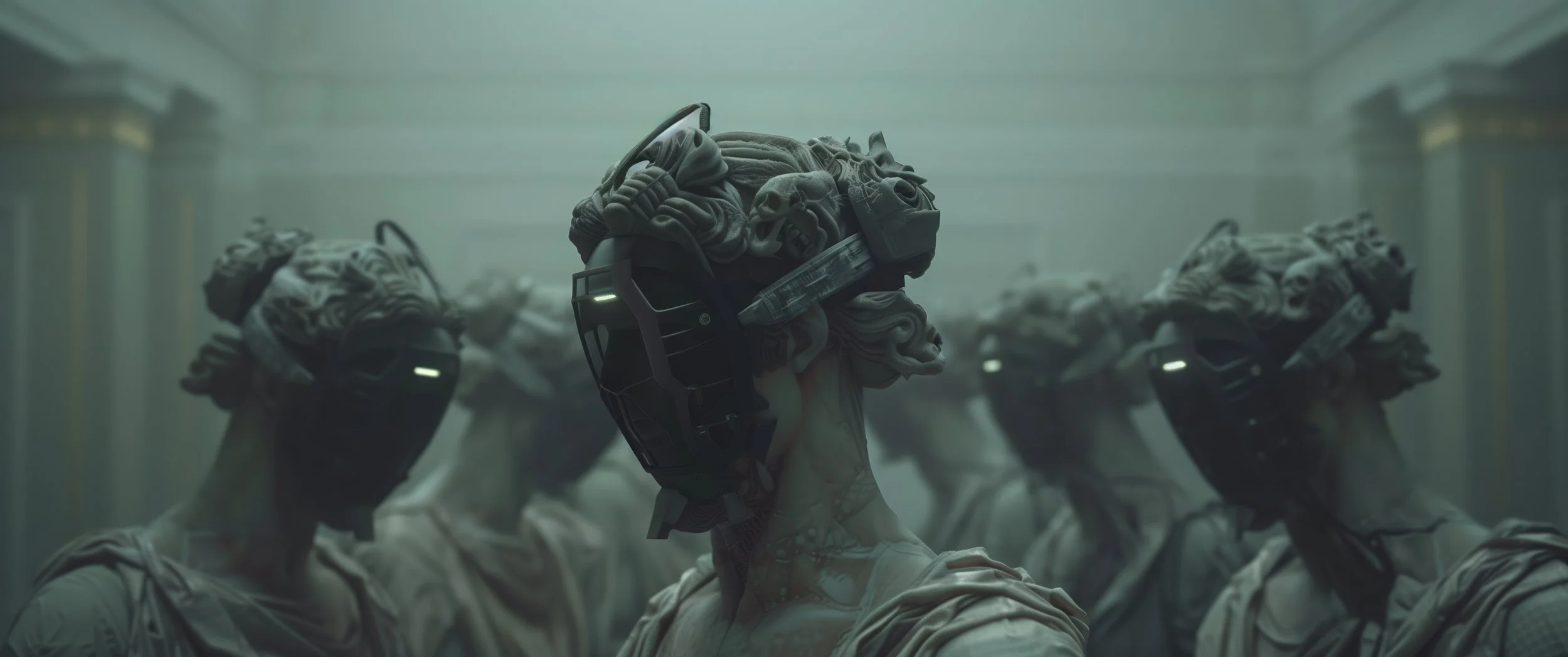 A group of robots with human-like bodies and faces, wearing helmets with complex, animal-like designs on their heads, standing in a futuristic, dimly lit corridor.