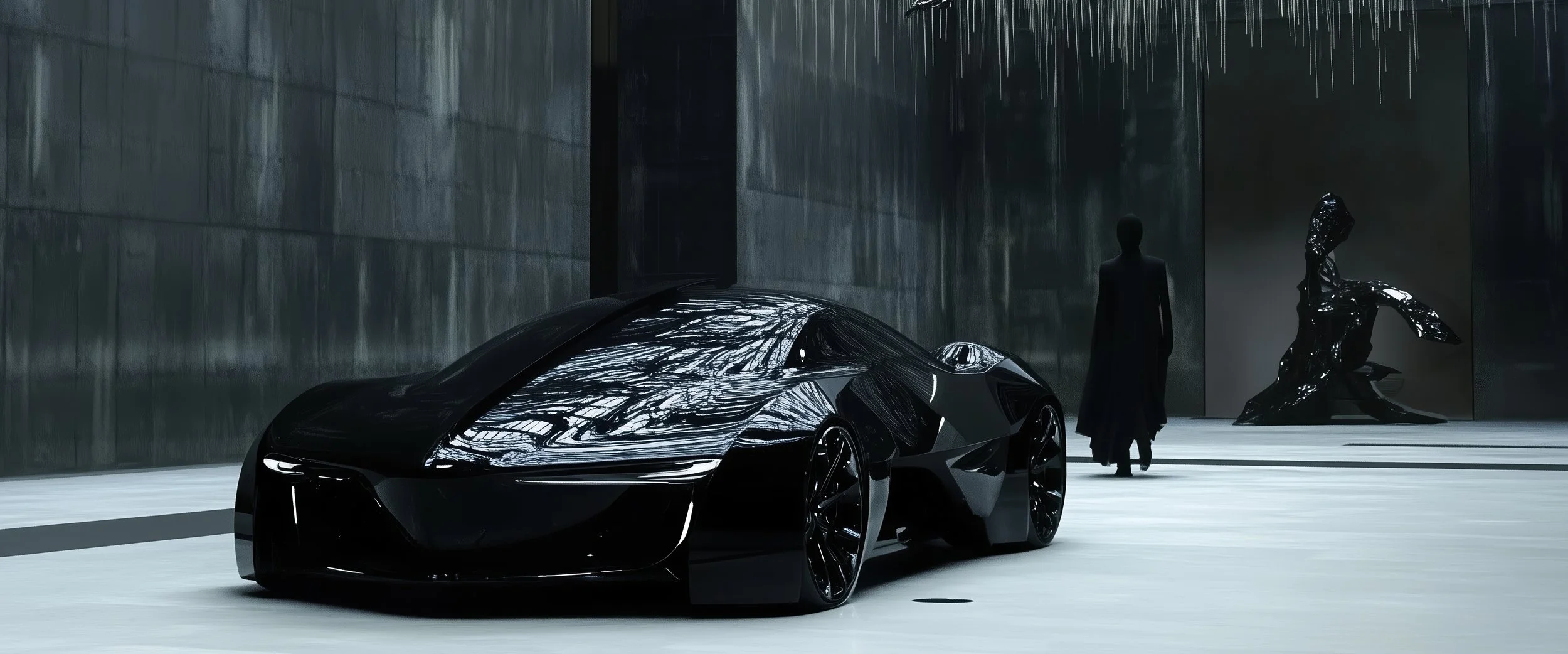 Futuristic black sports car in a dark, minimalist room with a sculpture and silhouette figure.