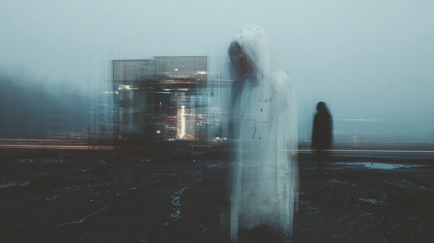 Blurred cityscape with ghostly figures and streaks of lights on a dark, wet ground.