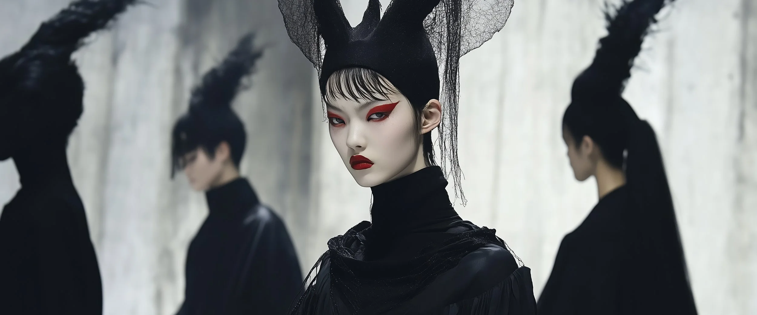 A woman with pale skin, bold red eye makeup, and red lipstick, dressed in black, is wearing a headpiece with large, textured black horns and sheer black fabric. She is posing in front of a blurry background with three other women dressed similarly with large black horn headpieces, but turned away or in profile.