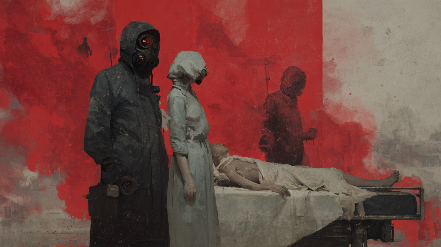 A dramatic painting of a hospital scene with four figures, one appears lifeless on a bed, three are standing nearby. The background is divided into red and gray sections, giving a somber atmosphere.