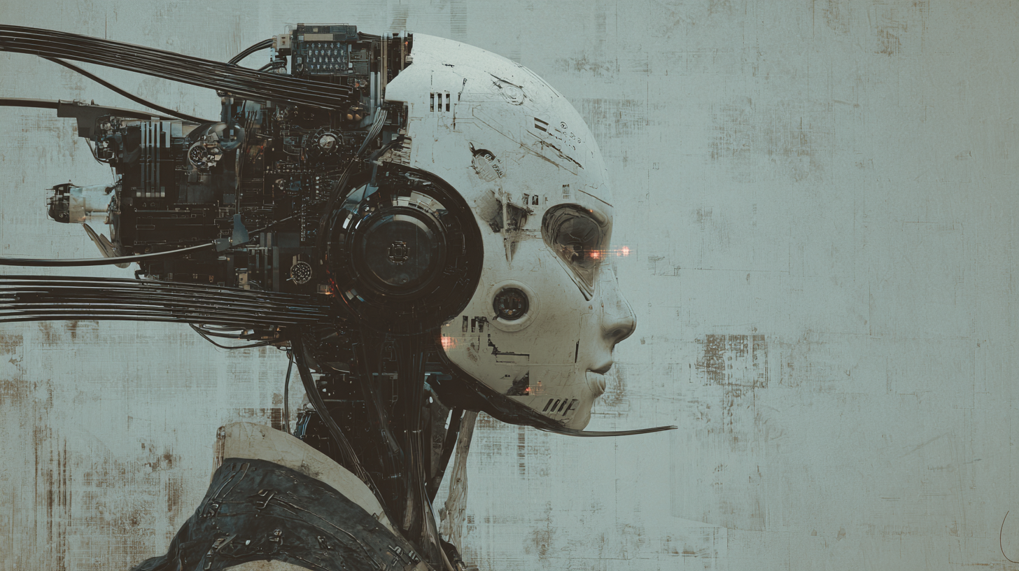 Side profile of a humanoid robot with a human face, mechanical components, and wiring, set against a textured pale background.