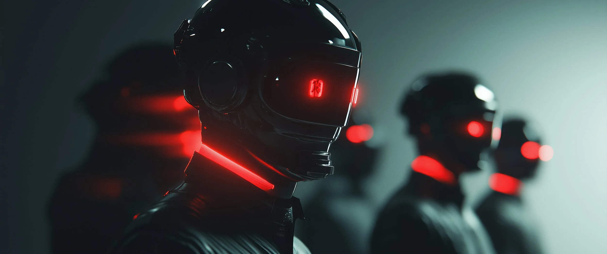 Group of futuristic humanoid robots with black helmets and glowing red lights, standing in a dimly lit environment.