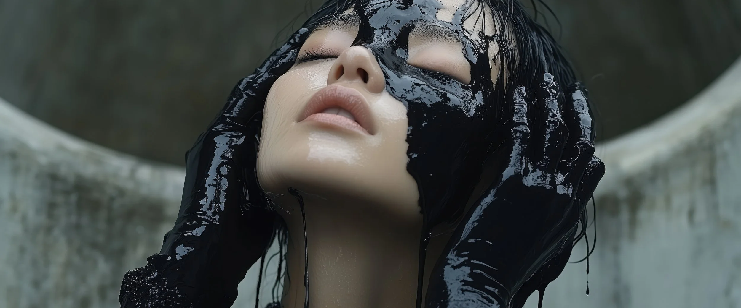 Woman with eyes closed covered in dripping black liquid