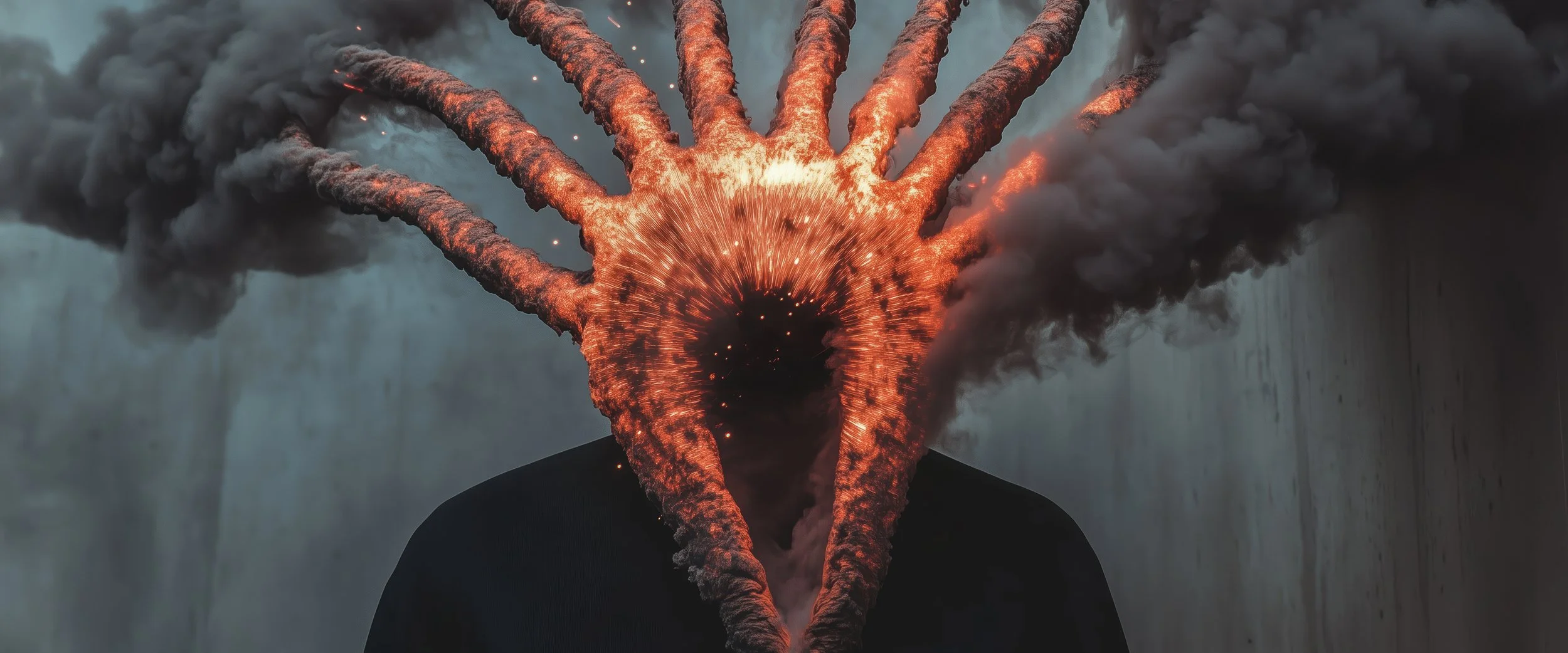 A person with a head replaced by an eruption of fiery, volcanic explosion, with black smoke and ash billowing out.