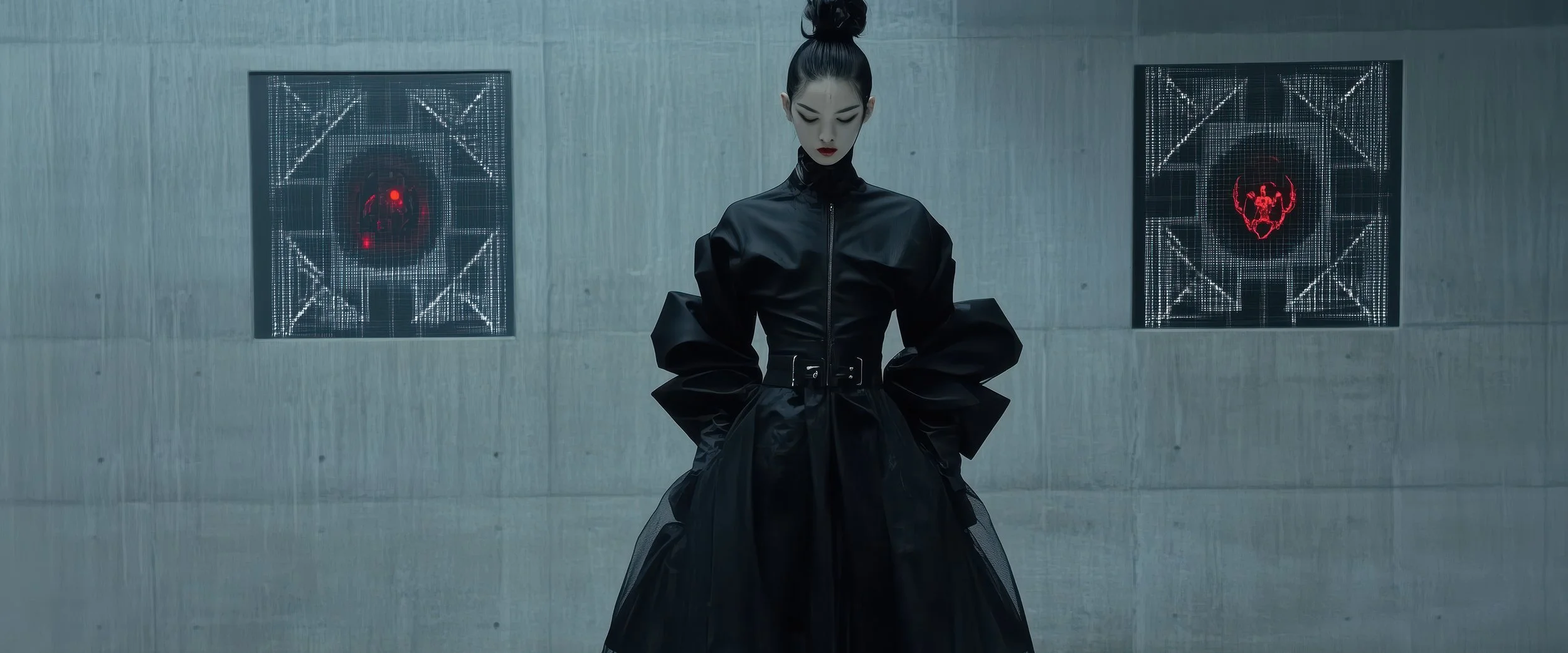 Girl in black high-fashion outfit with dramatic puff sleeves and high bun hairstyle standing in front of a gray concrete wall with digital red and white abstract designs on screens.