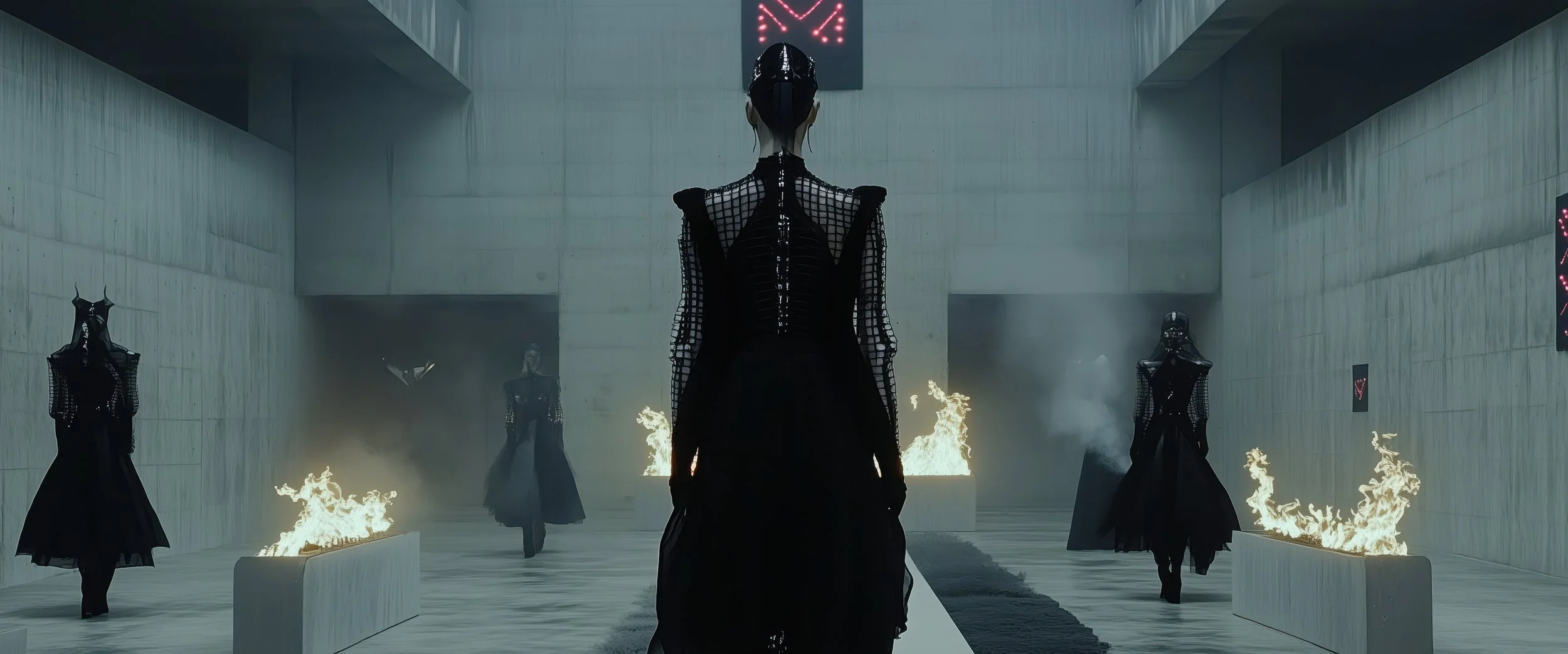 Dramatic scene featuring people in dark, futuristic attire in a concrete hall with fire along the pathway, creating a mysterious and intense atmosphere.