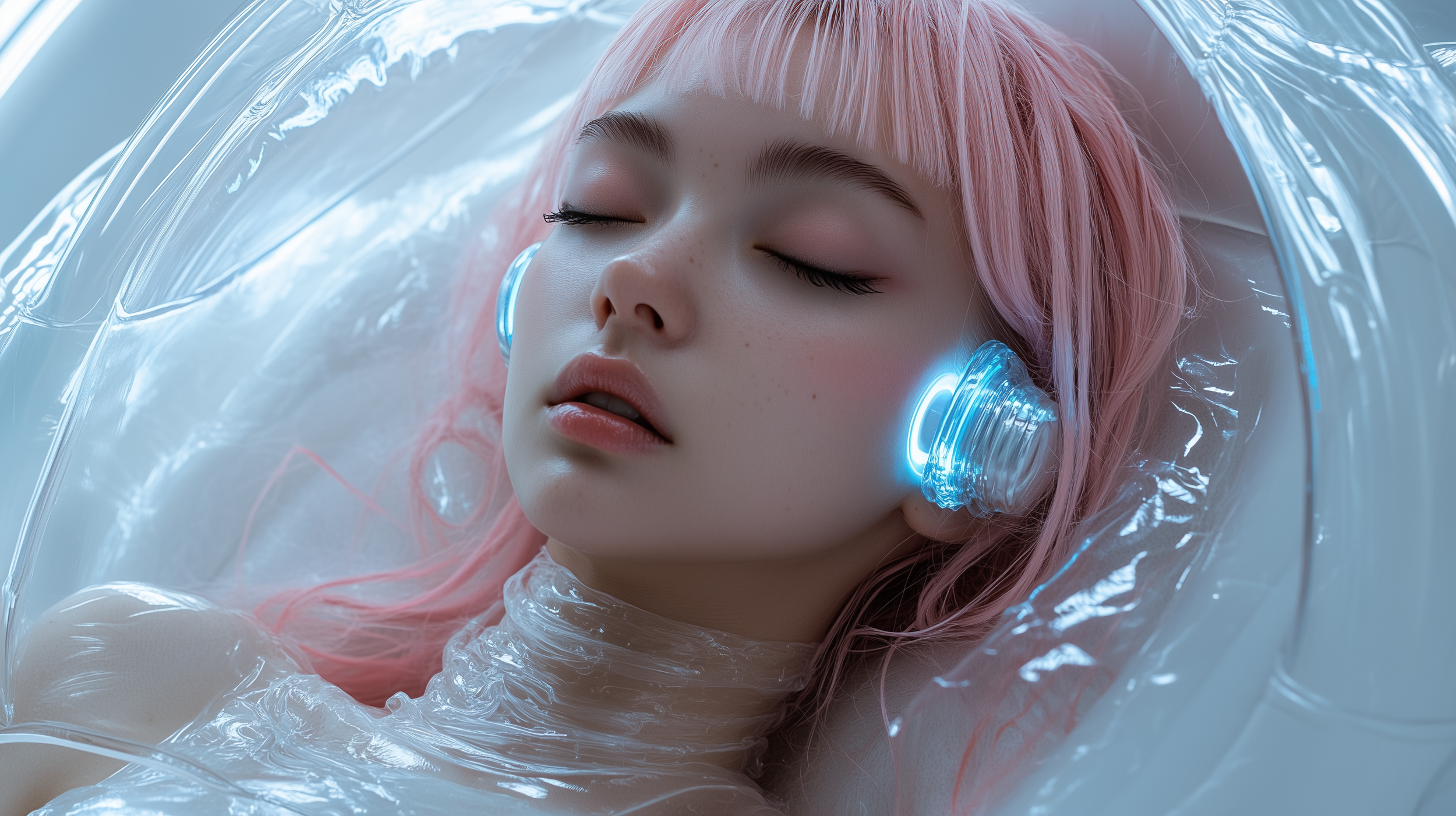 A young woman with pink hair and closed eyes wearing illuminated futuristic headphones surrounded by a transparent, bubble-like material.