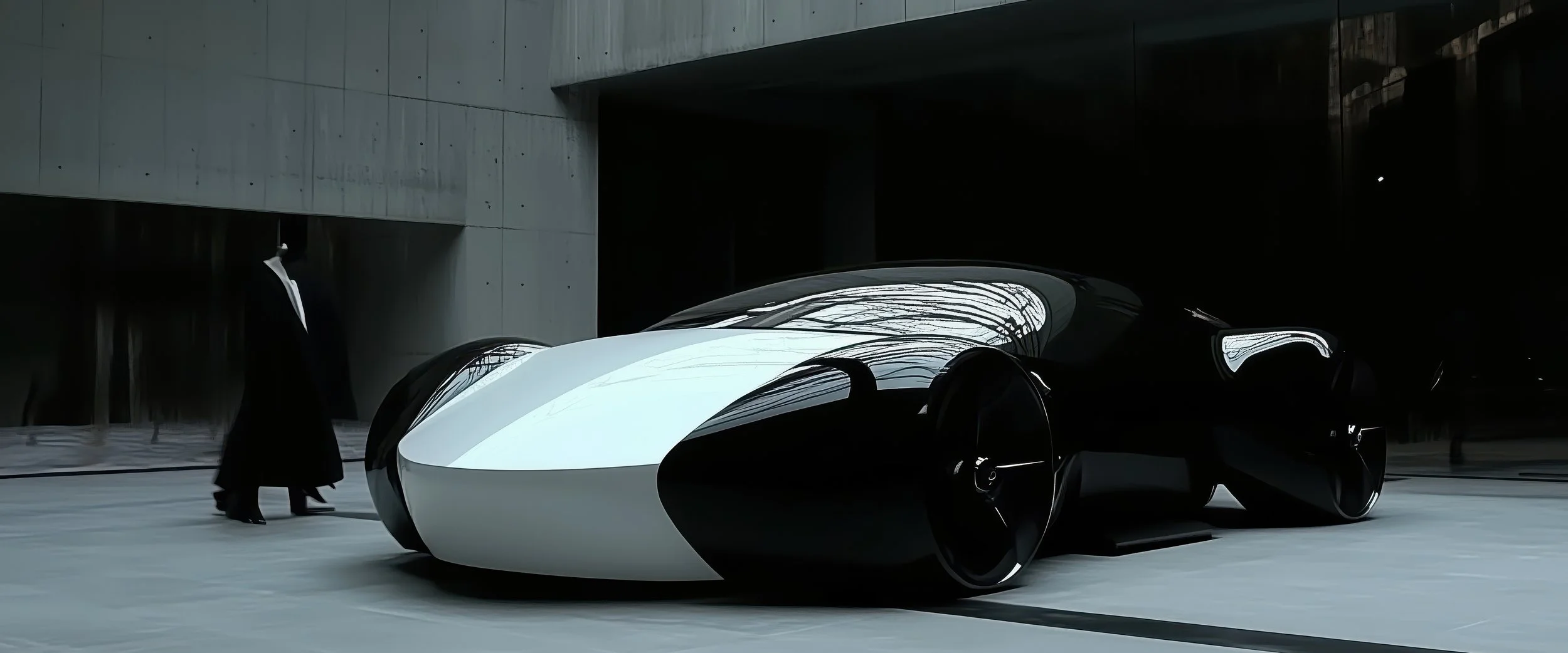Futuristic black and white concept car in a modern dark setting with a person in a long coat standing nearby.