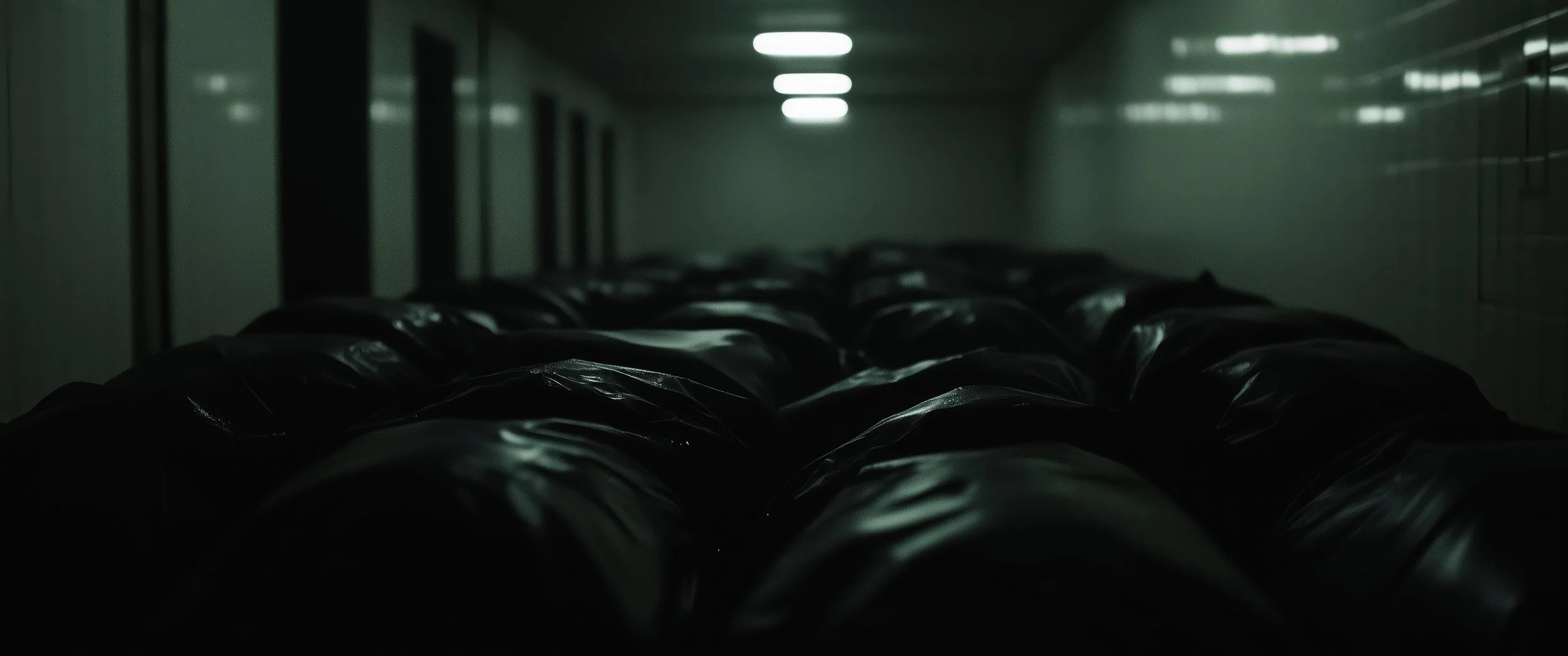 Dimly lit school hallway with lockers on the right and black trash bags lined up on the floor.