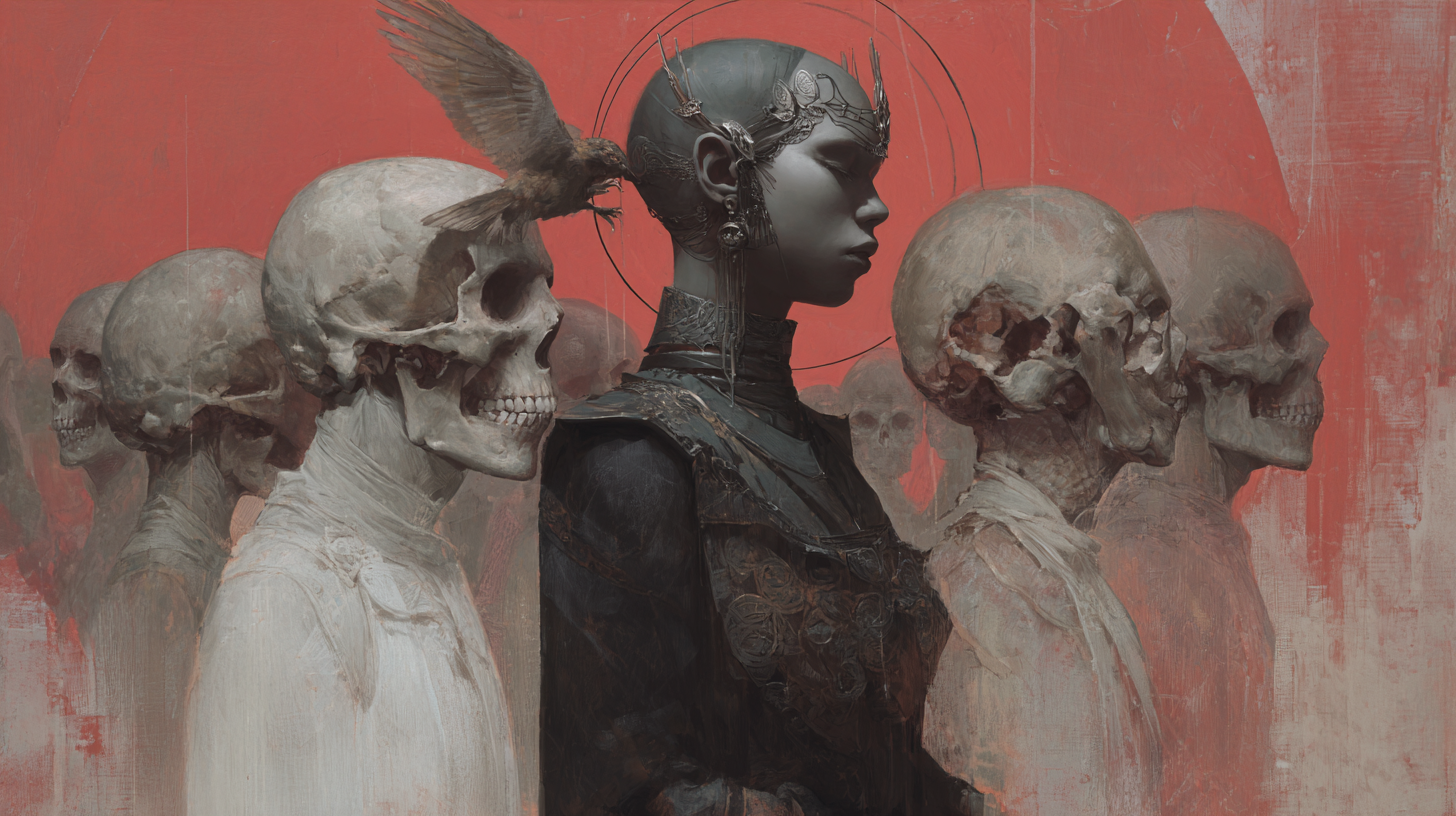 A digital artwork depicting a woman with an elaborate metallic headdress and dark clothing, surrounded by humanoid skulls with one skull having a bird perched on it, set against a red textured background.