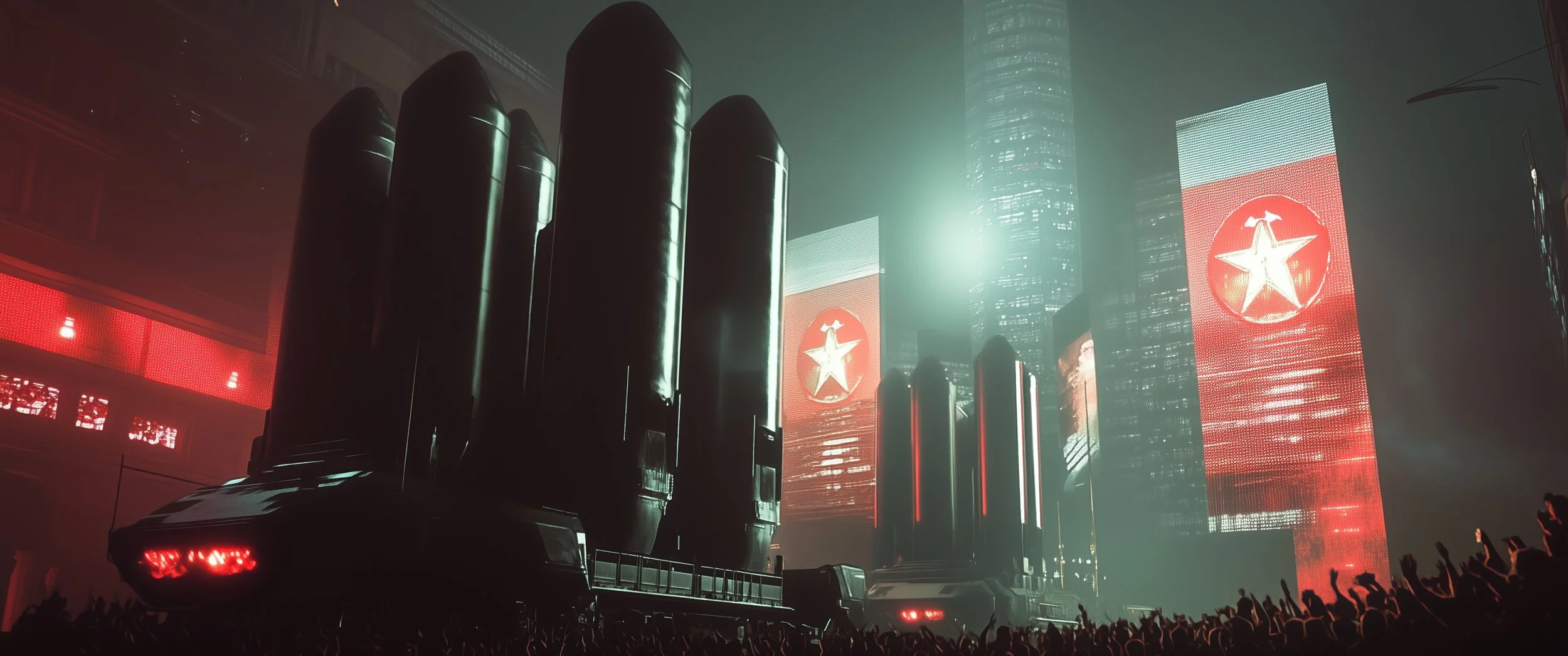 Futuristic scene with large structures resembling missiles, illuminated in a red glow, amidst a dark environment. In the background, tall digital displays show a circular red emblem with a white star. A crowd is visible at the bottom, with city buildings in the misty skyline.
