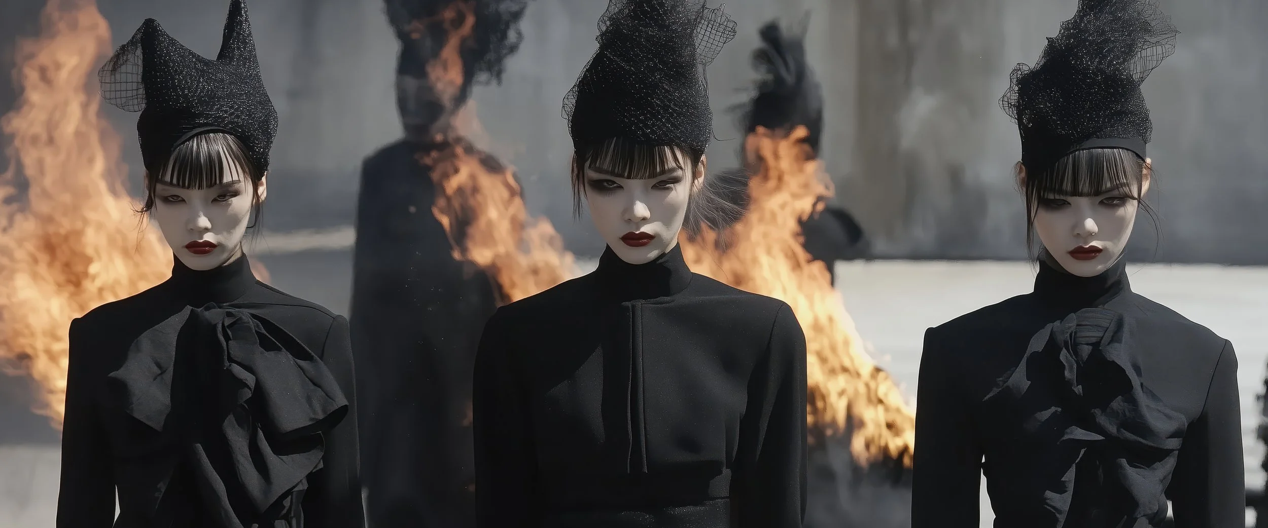 Three models in dark, avant-garde clothing and hats with netting, standing in front of a backdrop with flames.