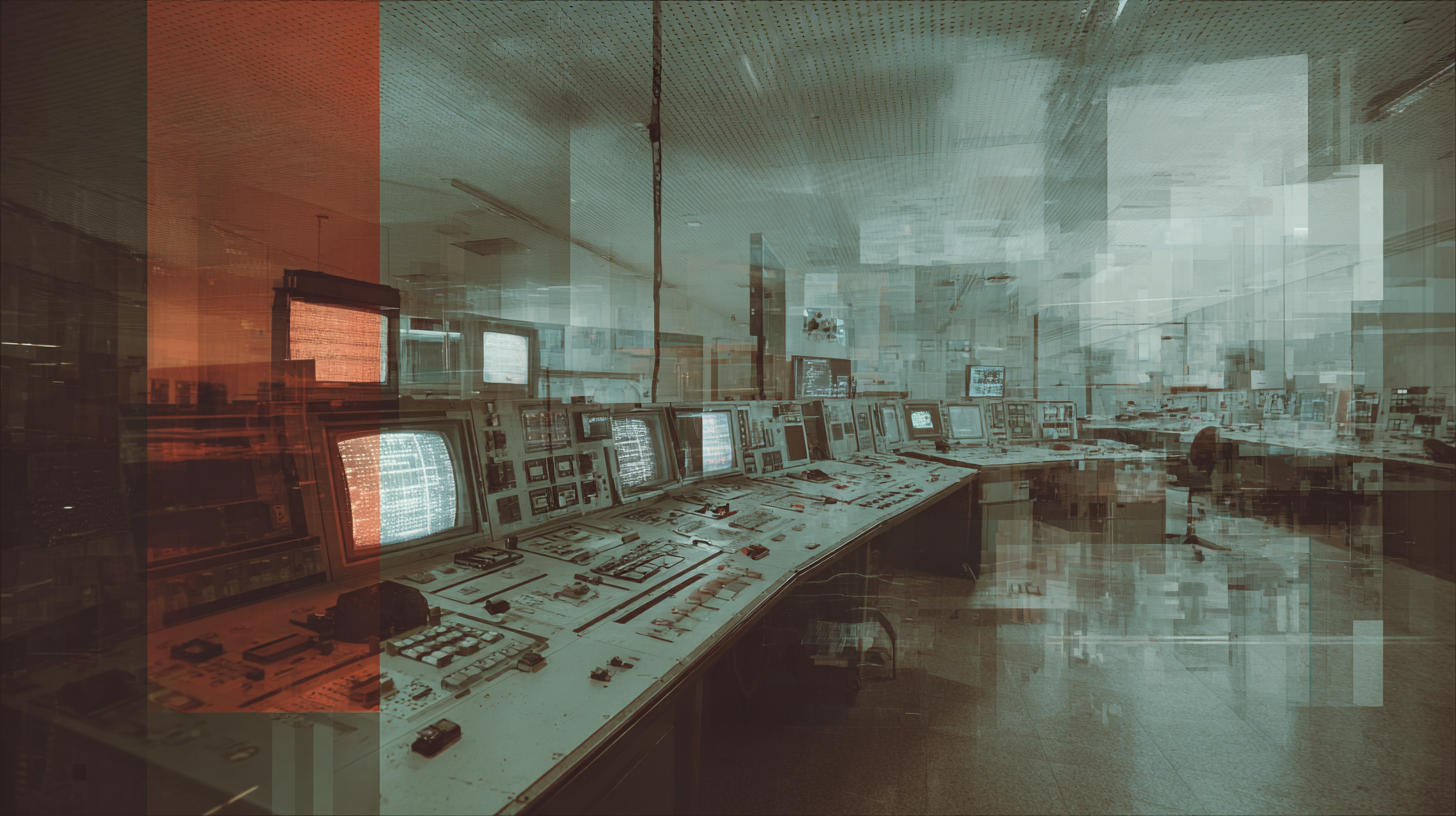 A control room with multiple monitors and equipment, overlaid with transparent red and blue rectangles.