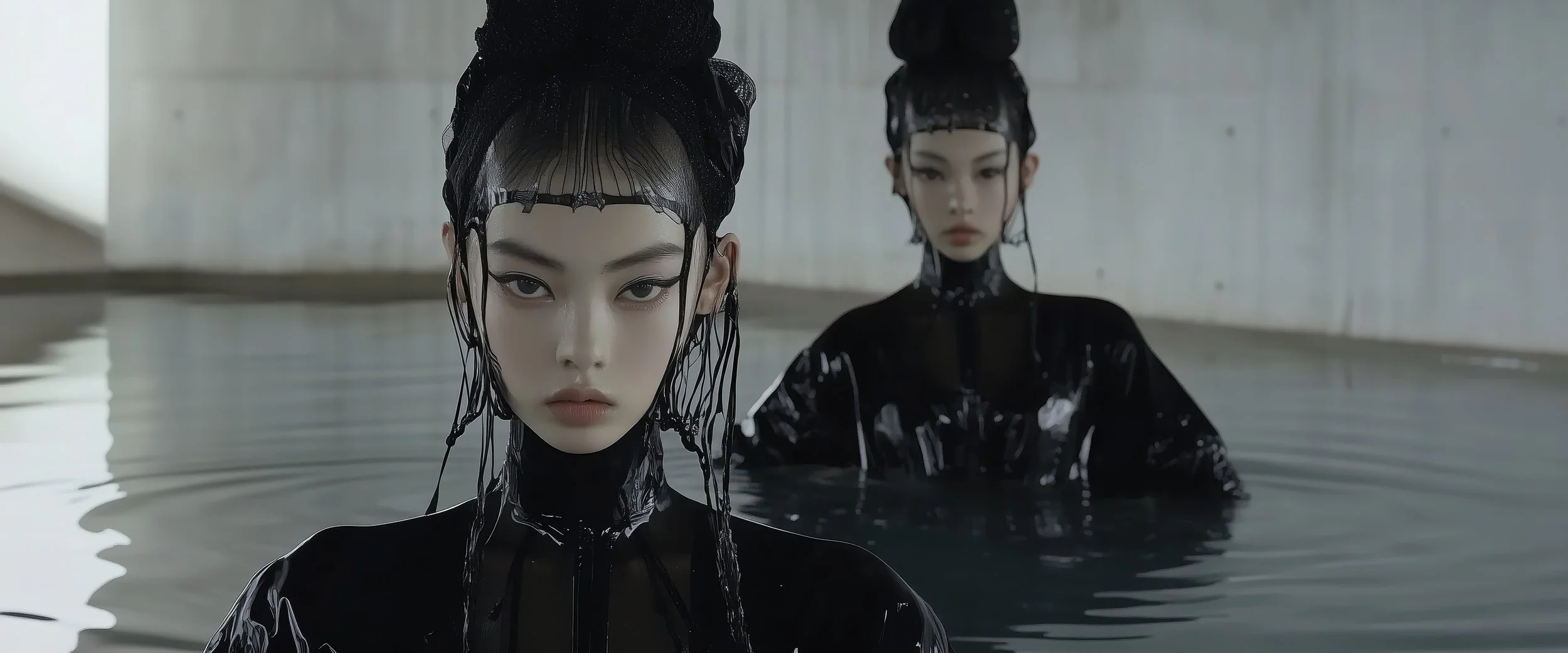 Two women in black clothing emerge from water in a minimalist setting, both with elaborate hairstyles and makeup.