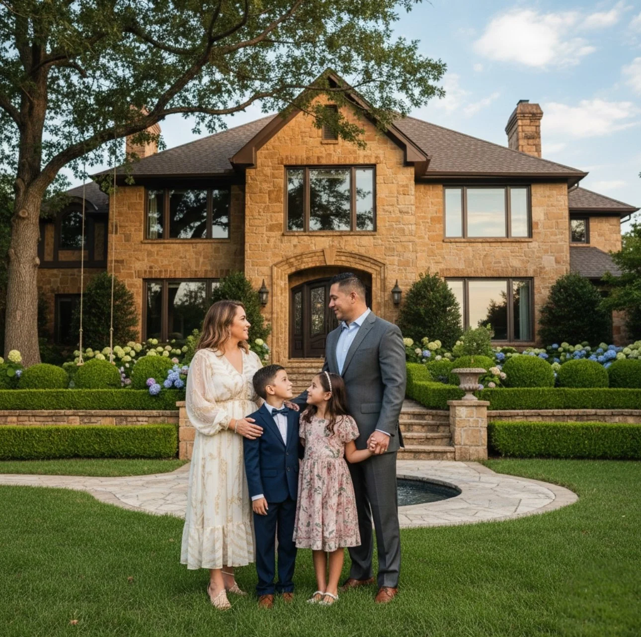 A family of four standing in front of a large, brick house with well-maintained lawn and garden. The family includes a mother, father, son, and daughter, holding hands and looking at each other.