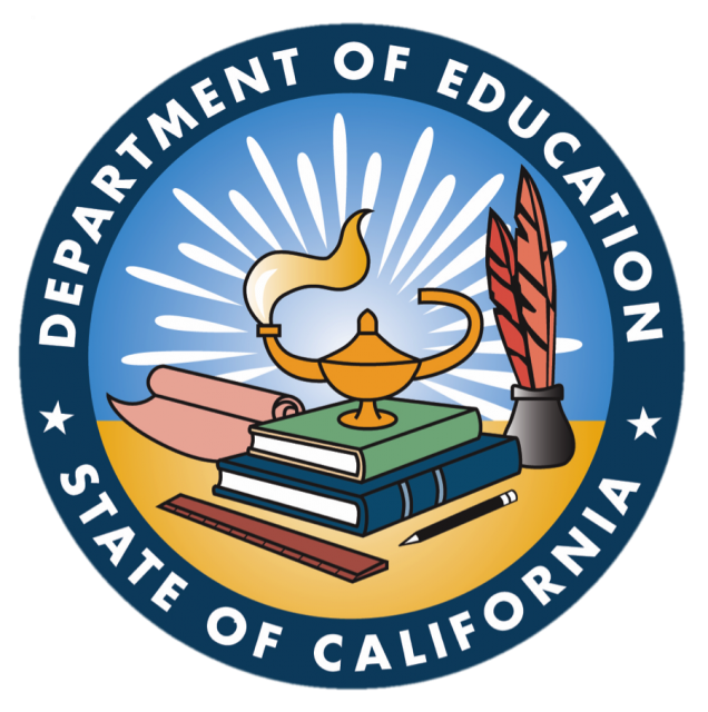 The emblem of the California Department of Education featuring a lamp, quill, books, and a scroll with rays of light behind.