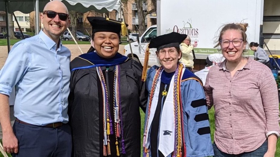 Doctors Justin Colacino, Chanese Forté, Jess Millar, and Kelly Bakulski at Spring Commencement.