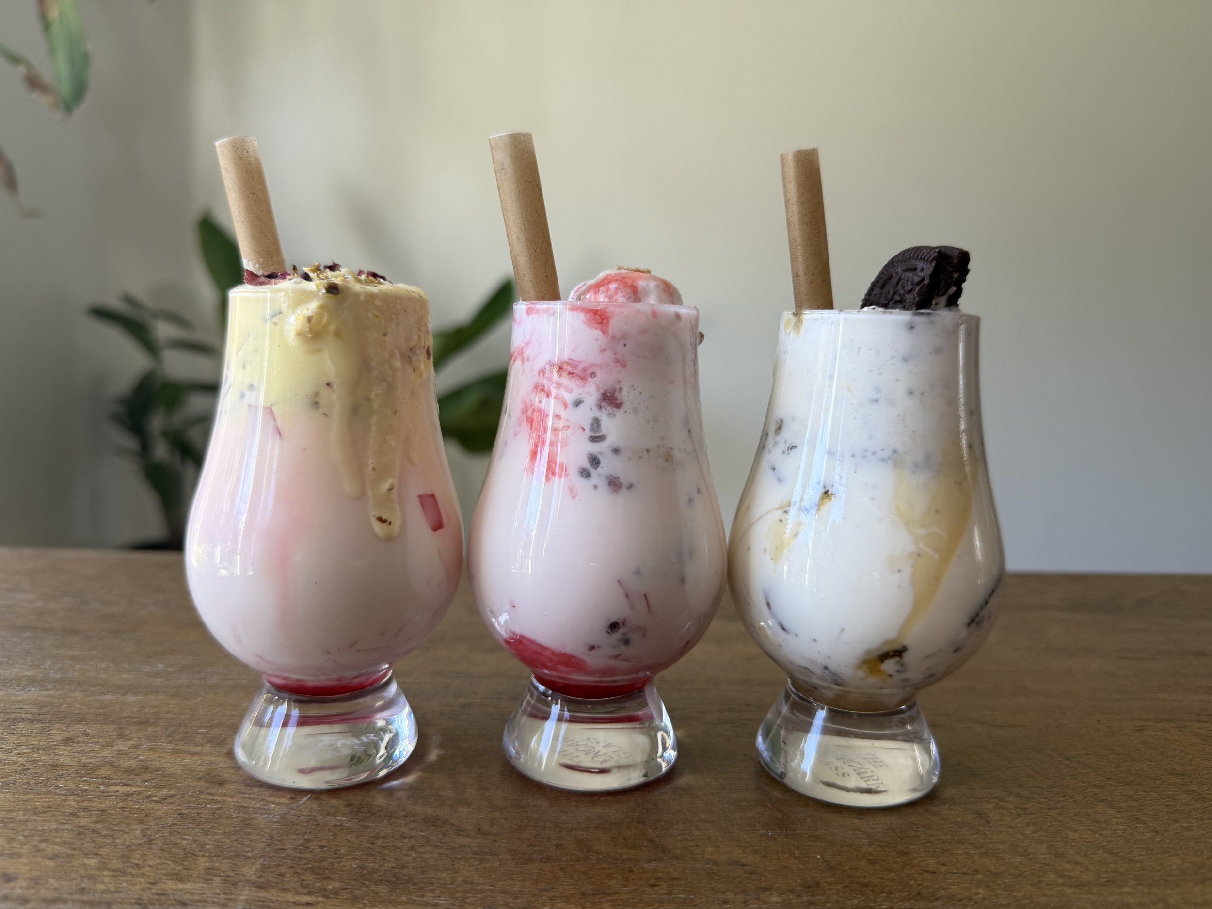 Our kulfi (left), strawberry cheesecake (middle), and oreo (right) faloodas!