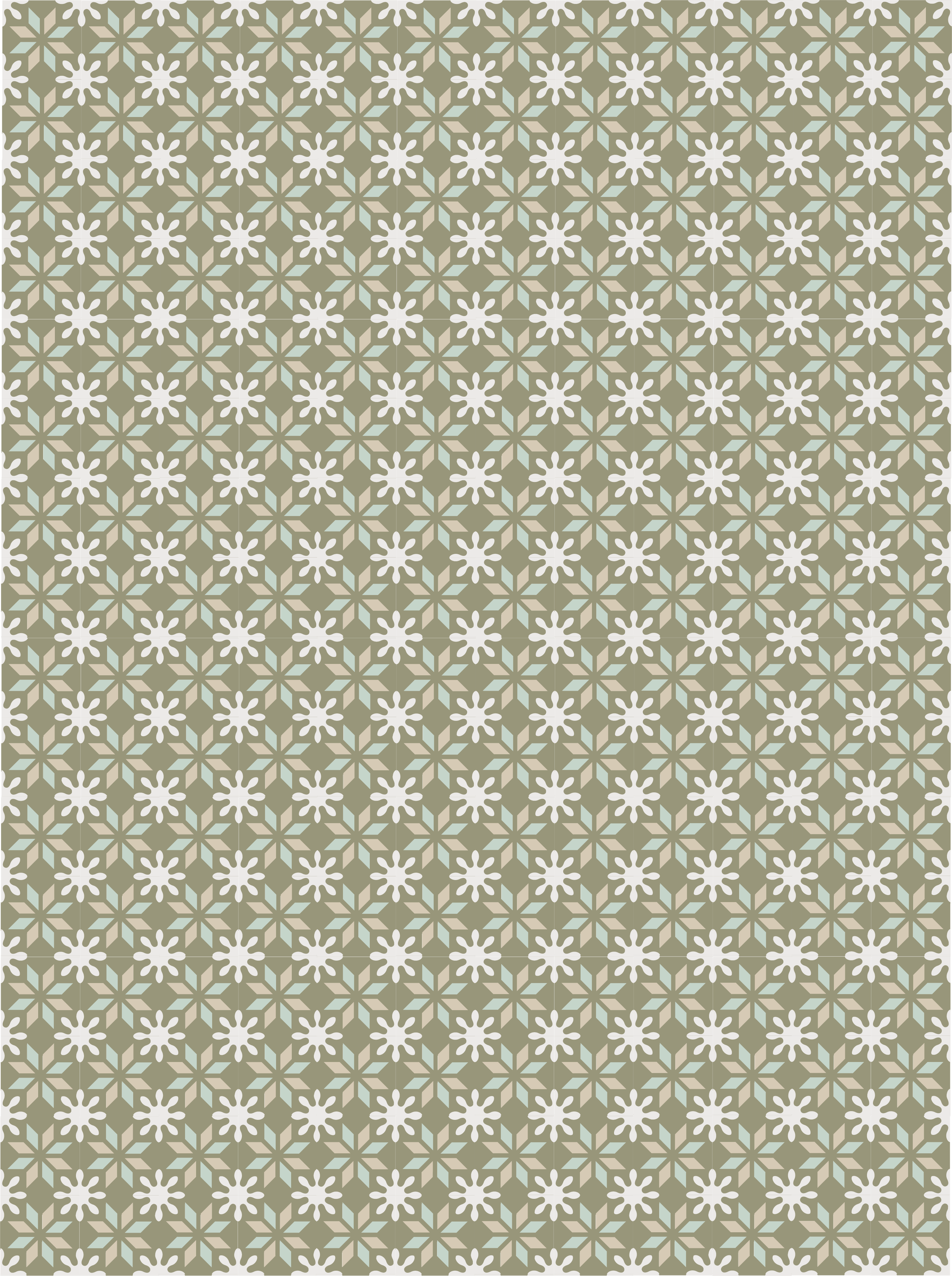 Modern bathroom with geometric green patterned wall, round backlit mirror, black marble sink, gold fixtures, and hanging gold pendant lights.