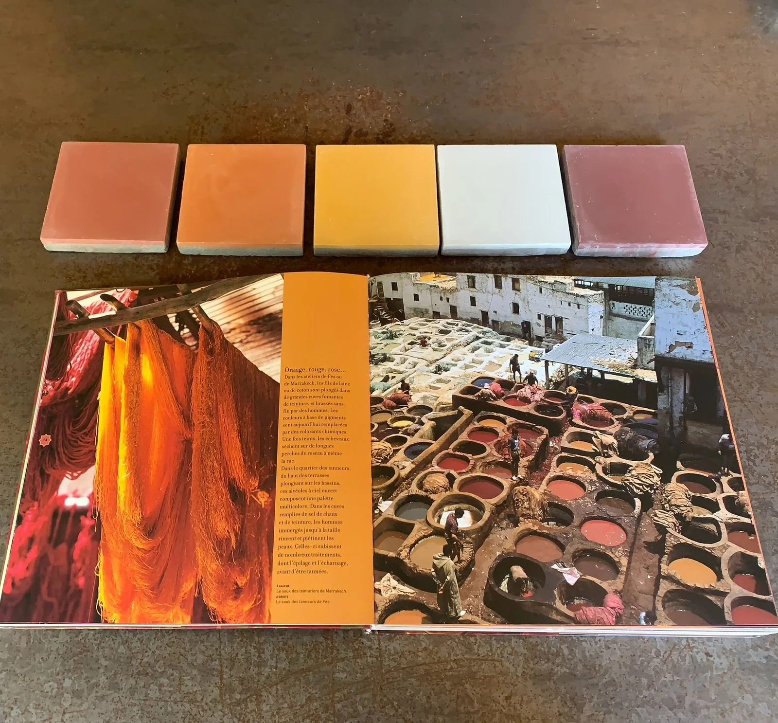 Color swatches in orange, red, yellow, white, and pink shades are displayed at the top. Below, an open book features a two-page spread with a large photograph of a traditional tannery with numerous circular vats filled with colored liquids and workers tending to them. The right page has an aerial view of the tannery, and the left page has a close-up of hanging dried orange and red leather pieces with French text.