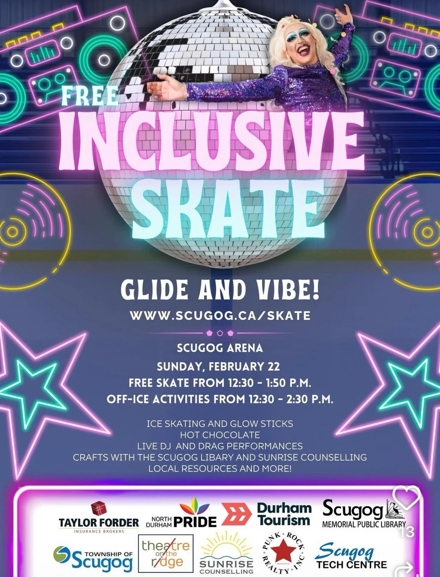 Free Inclusive Skate at the Scugog Arena! 

The @twpofscugog, in partnership with North Durham Pride, is thrilled to welcome you to a FREE and inclusive skate this February at the Scugog Arena!

We&rsquo;re turning down the lights, turning up the mus