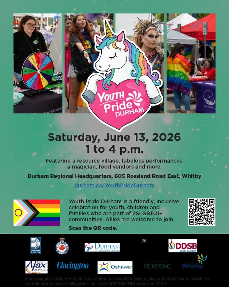 Youth Pride Durham returns Saturday June 13 in Whitby, and North Durham Pride will be there. 🌈

Find us at our booth from 1 to 4 p.m. at Durham Regional Headquarters, 605 Rossland Road East. Stop by to say hi, learn what we are up to across North Du