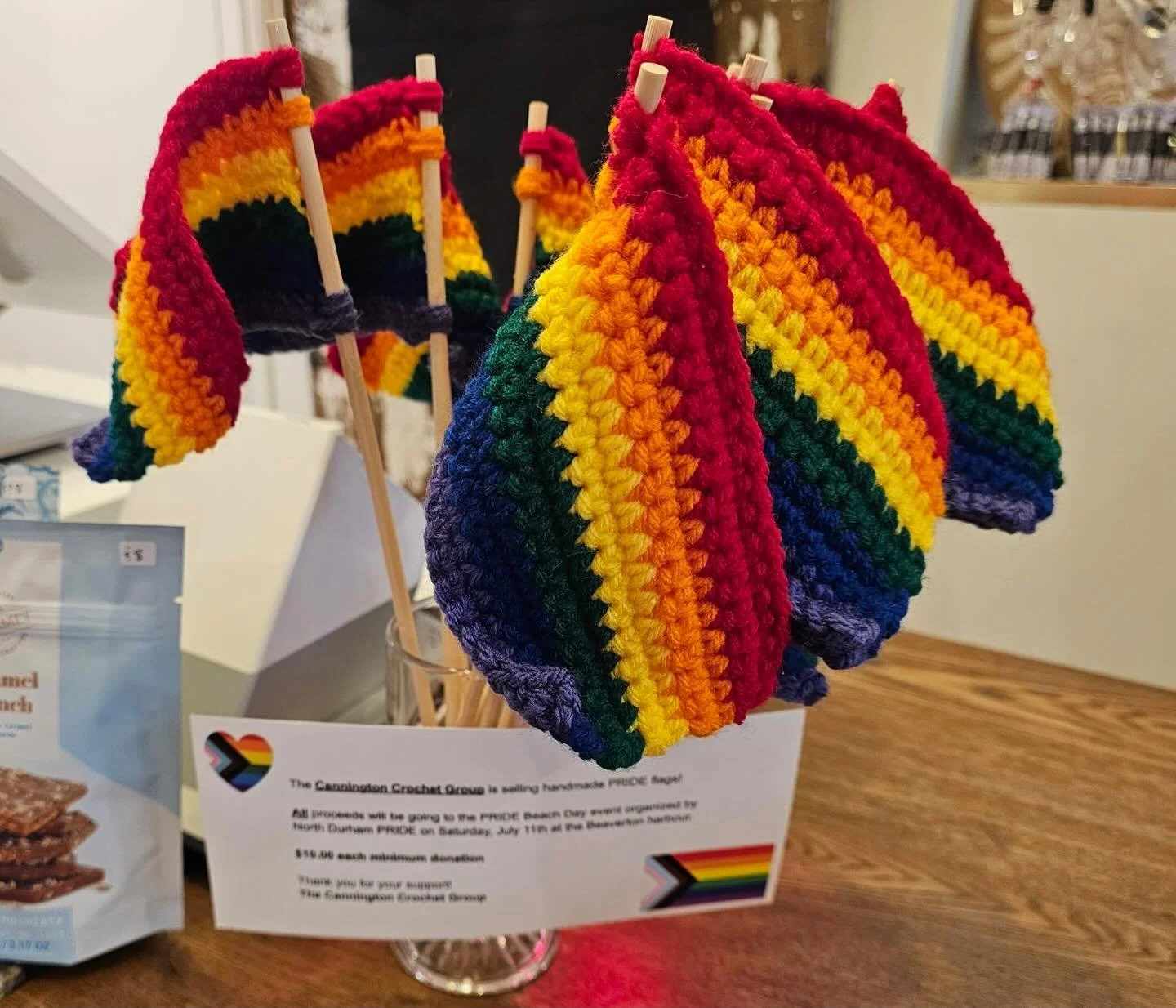 These hand-crocheted Pride flags are one-of-a-kind, and every $10 funds North Durham Pride 🏳️&zwj;🌈

Every beautiful flag was crocheted by hand, by volunteers who wanted to give back to their 2SLGBTQIA+ neighbours. We are so grateful for their effo