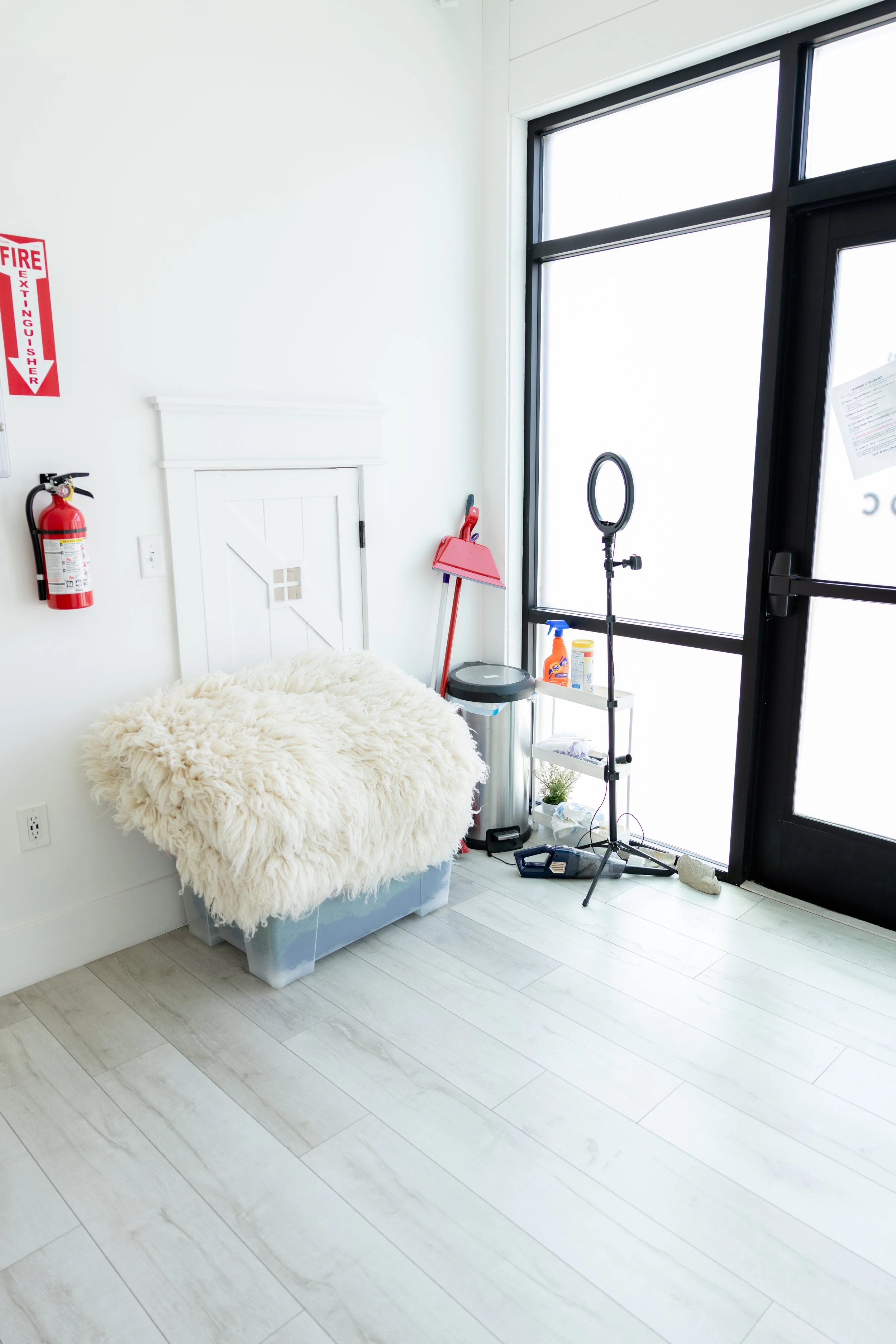 Newborn posing area in Studio C at Blank Space American Fork with a soft textured surface, ring light, and large windows providing natural light.